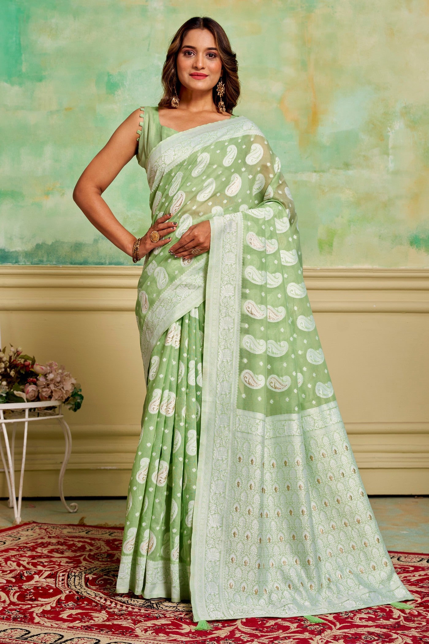 Buy MySilkLove Seafoam Green Woven Cotton Saree Online