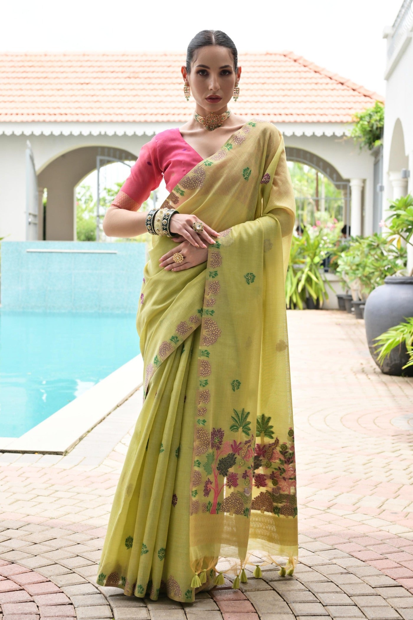 Buy MySilkLove Jad Green Woven Muga Cotton Saree Online