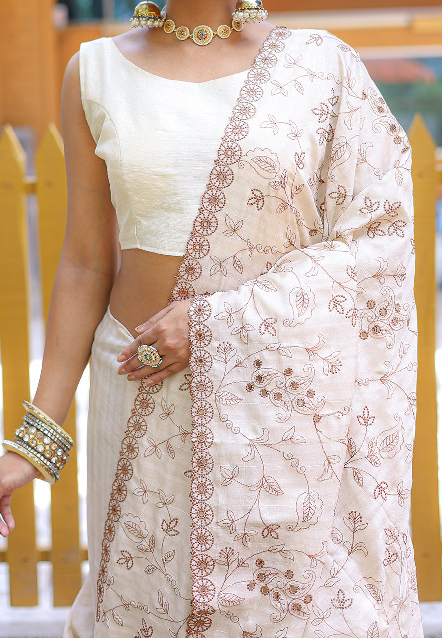 Buy MySilkLove Pearl White Embroidered Tussar Silk Saree Online