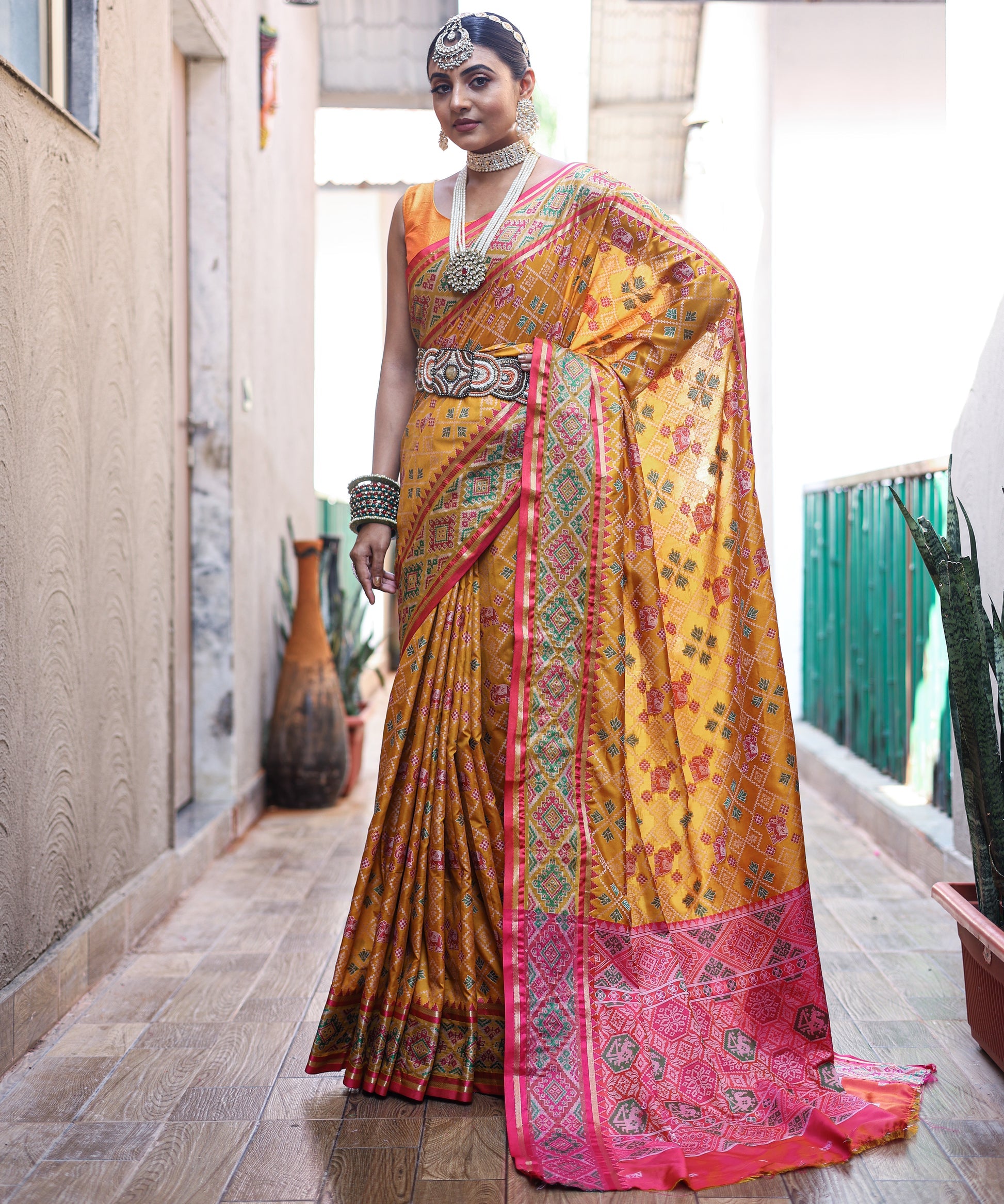 Buy MySilkLove Equator Yellow Woven Contrast Patola Silk Saree Online