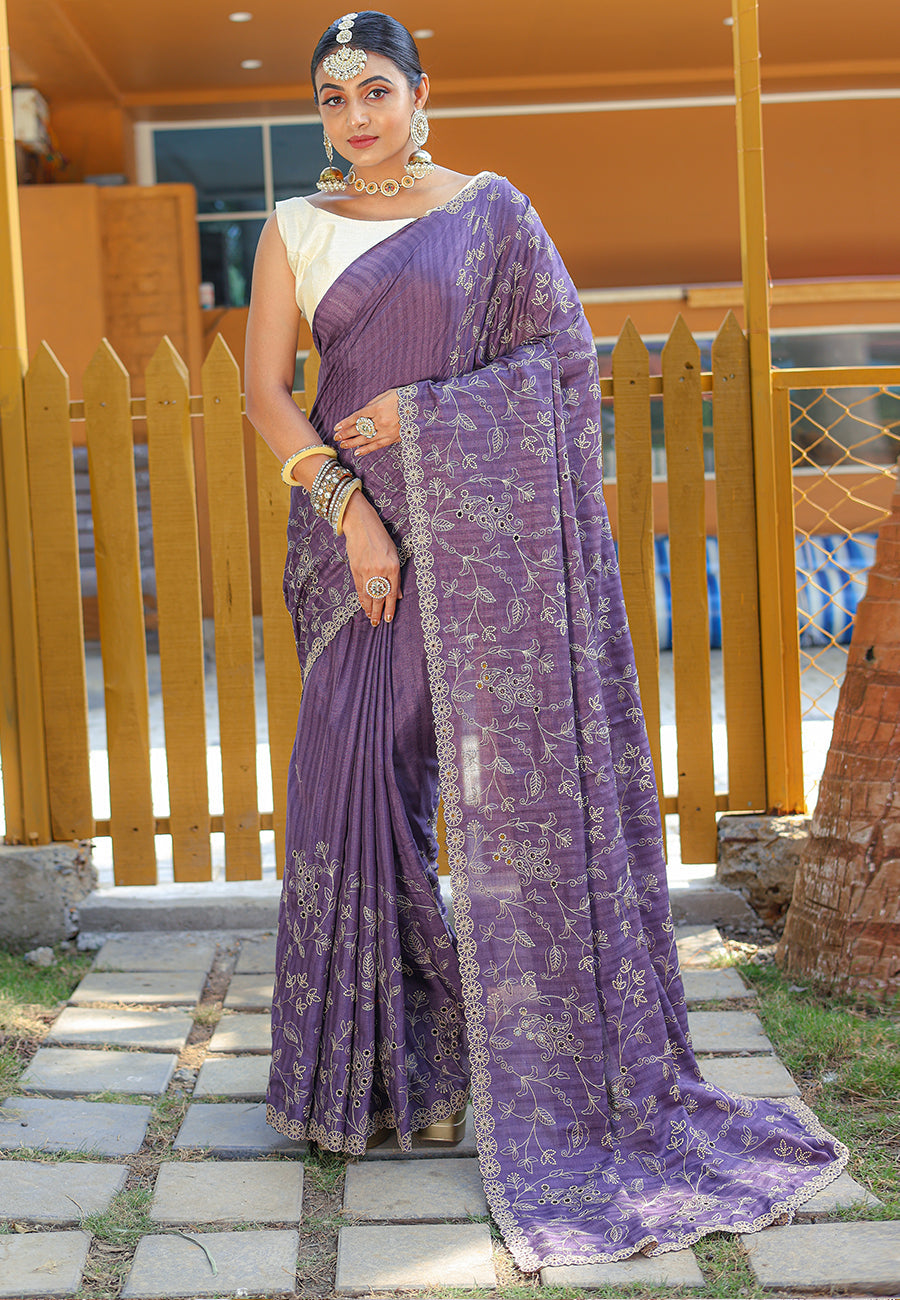 Buy MySilkLove Strikemaster Purple Embroidered Tussar Silk Saree Online