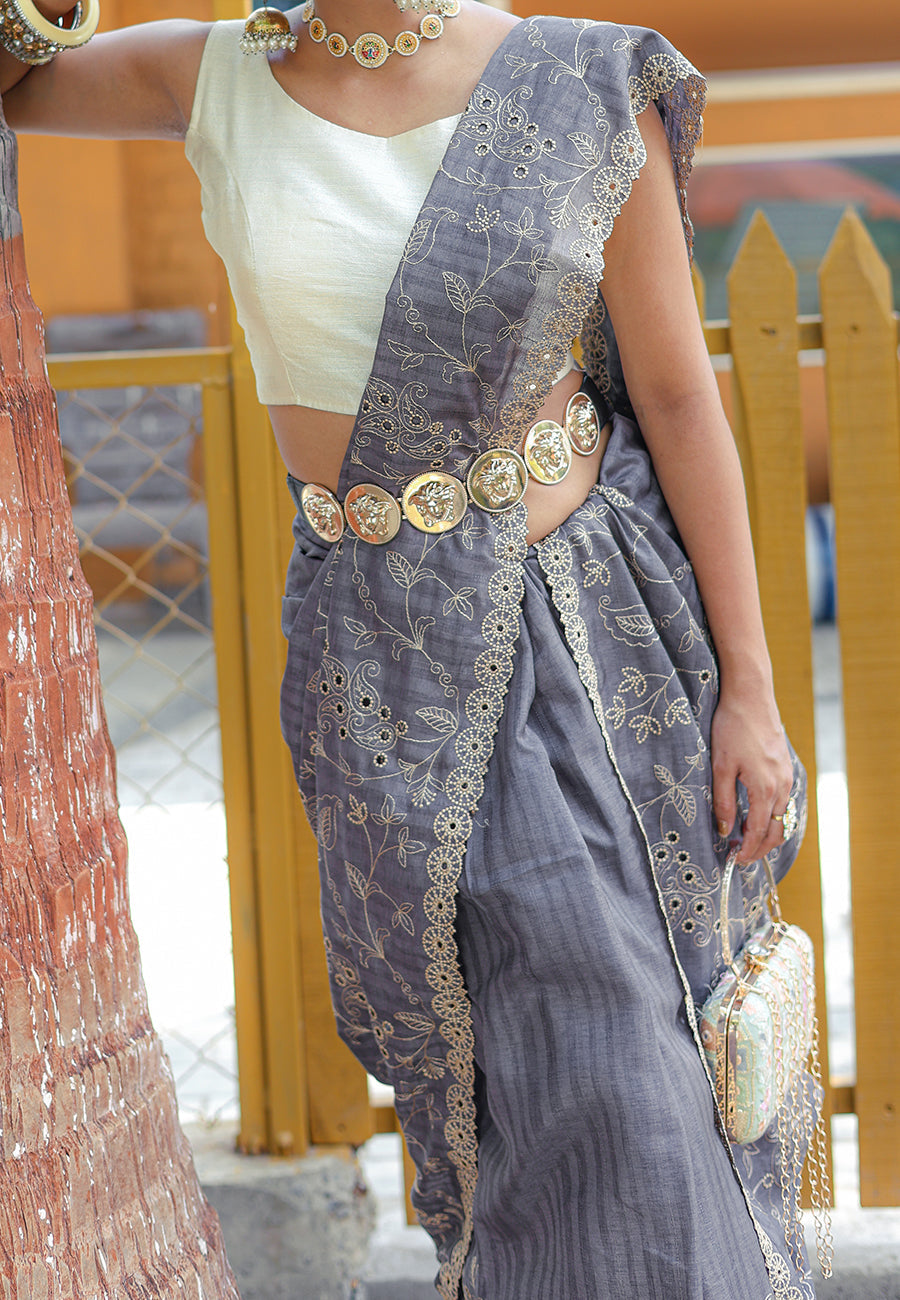 Buy MySilkLove Oslo Grey Embroidered Tussar Silk Saree Online