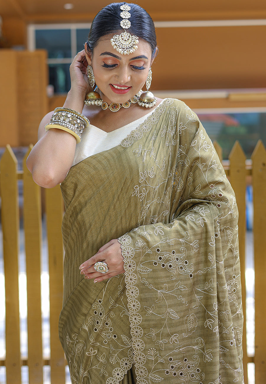 Buy MySilkLove Arrowtown Green Embroidered Tussar Silk Saree Online