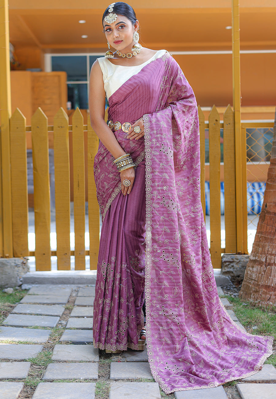 Buy MySilkLove Pearly Purple Embroidered Tussar Silk Saree Online