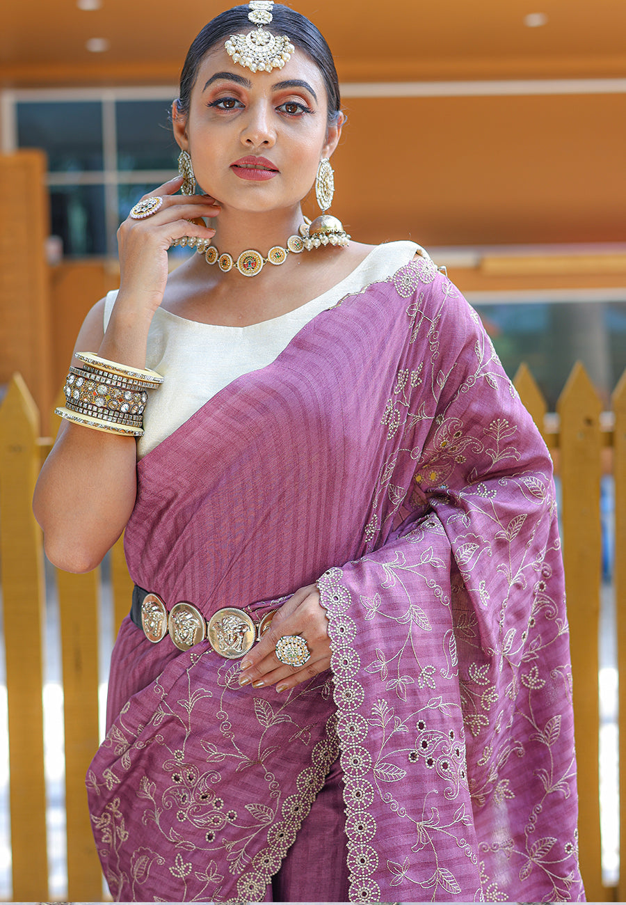 Buy MySilkLove Pearly Purple Embroidered Tussar Silk Saree Online