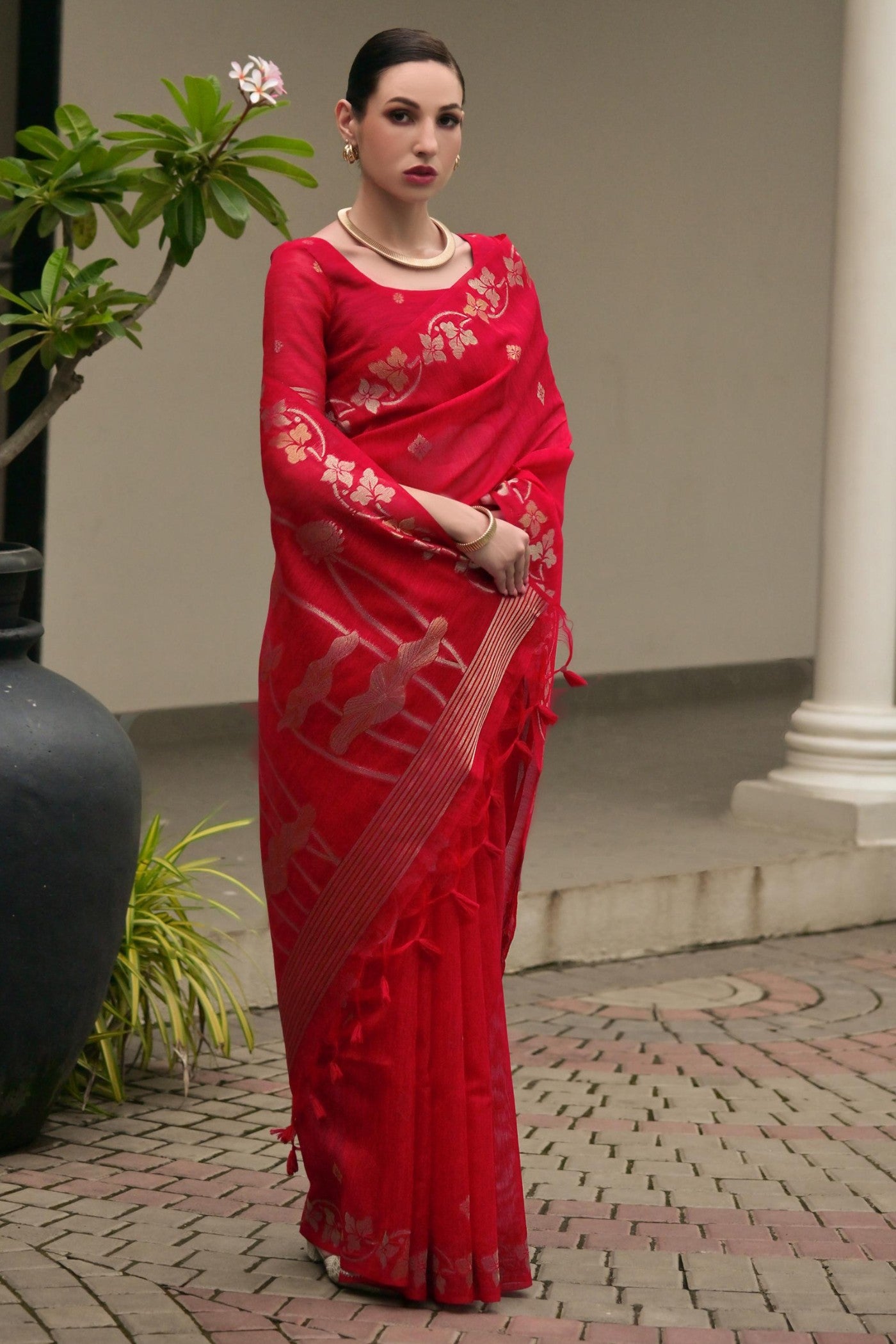 Buy MySilkLove Wine Red Floral Linen Silk Saree Online