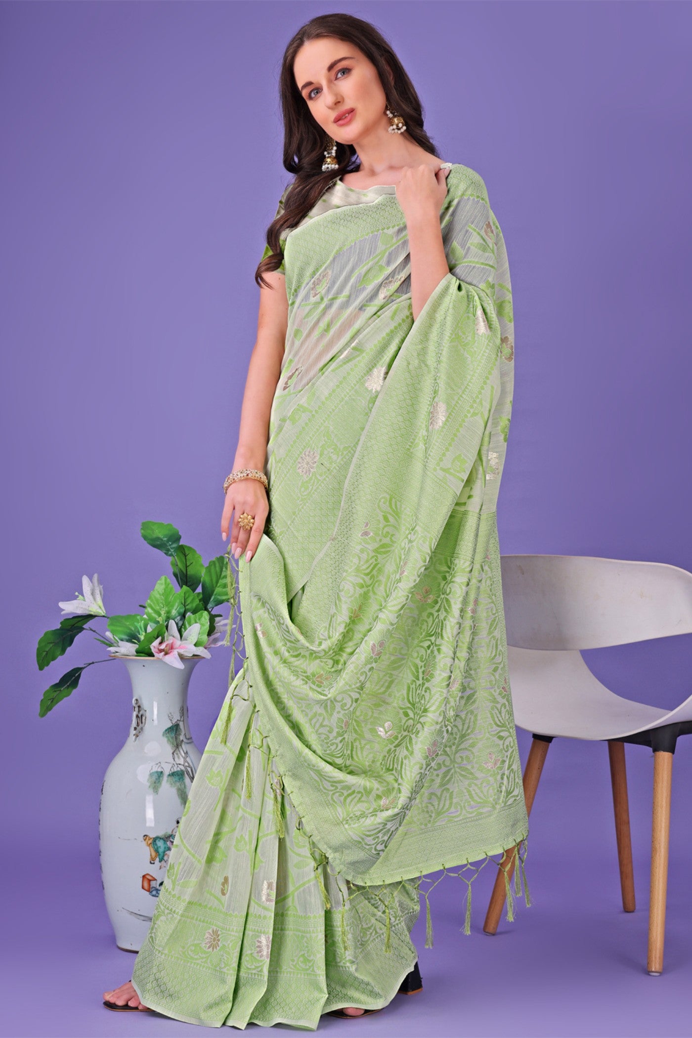 Buy MySilkLove Pista Green Linen Cotton Saree Online