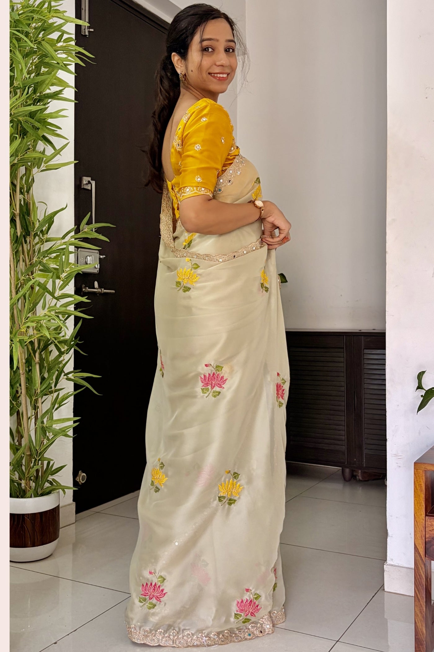 Buy MySilkLove Dutch Cream and Yellow Embroidery Chiffon Floral Saree Online