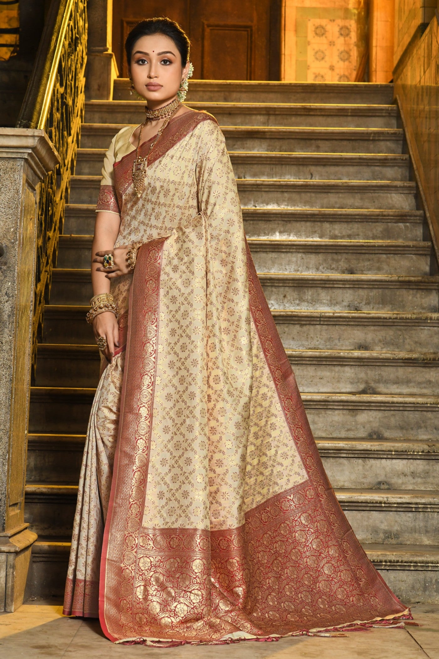 Buy MySilkLove Buttermilk Cream Woven Banarasi Saree Online