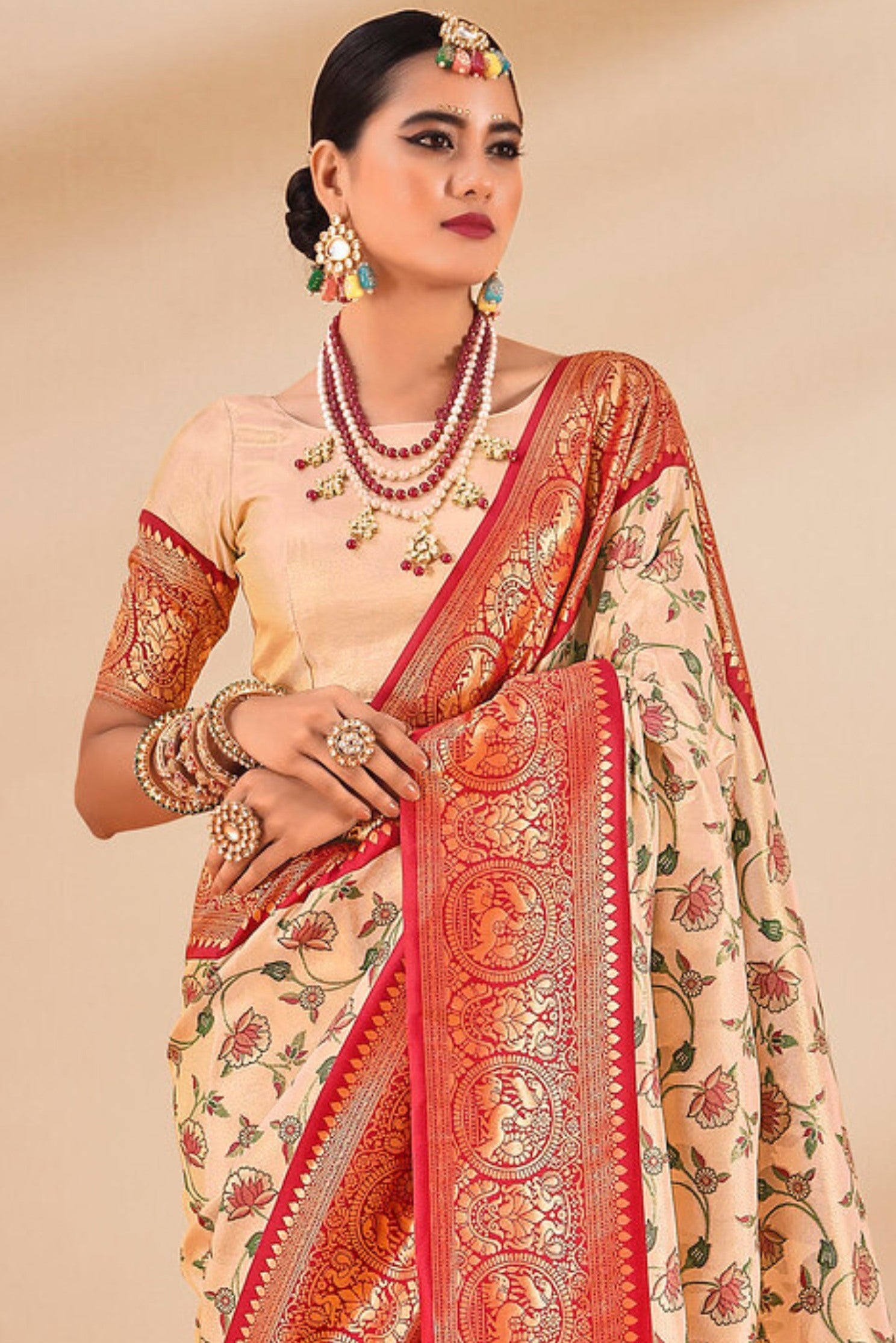 MySilkLove Pancho Cream and Red Zari Woven Banarasi Saree