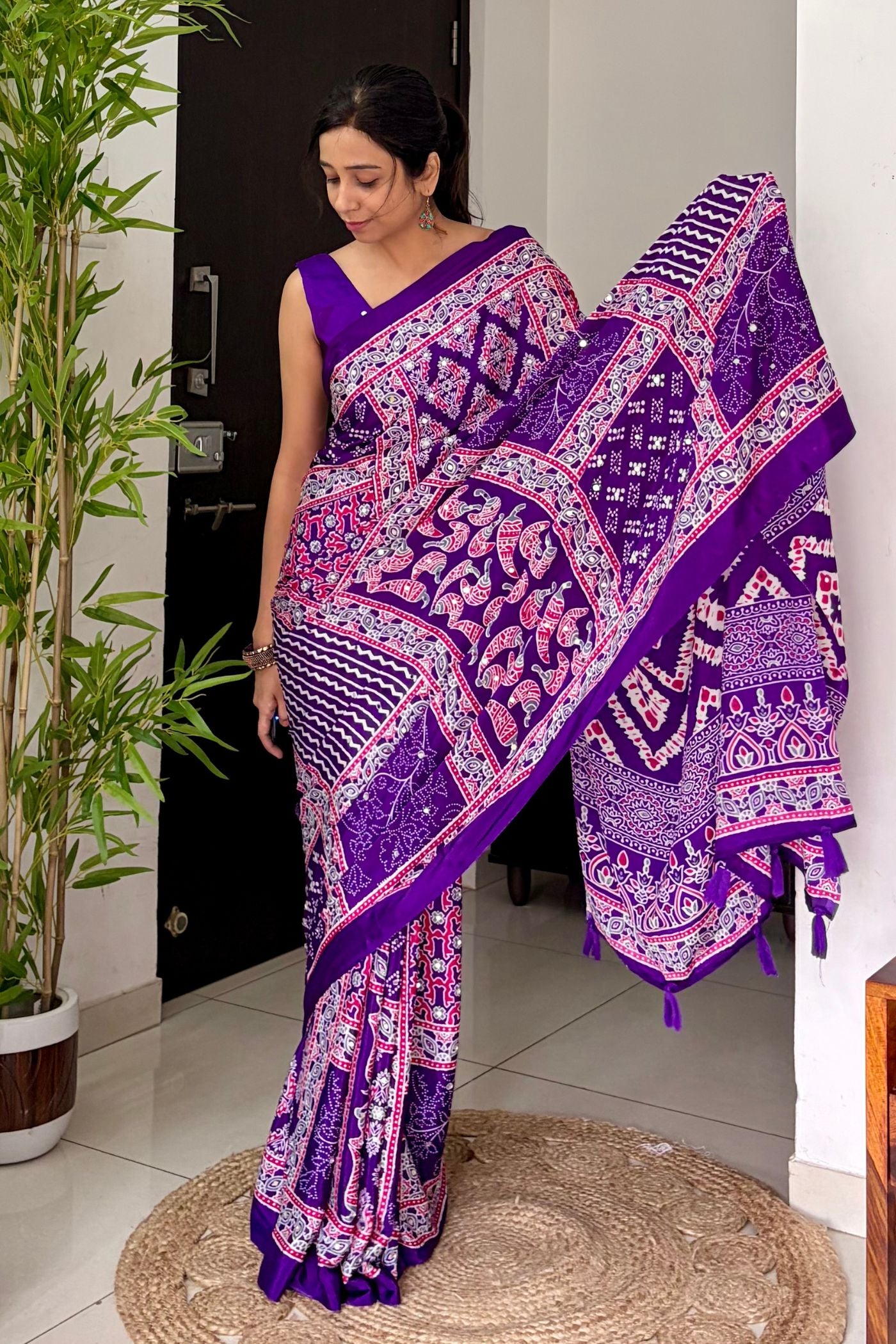 Buy MySilkLove Insolent Purple Ajrakh Satin Printed Mirror Work Saree Online
