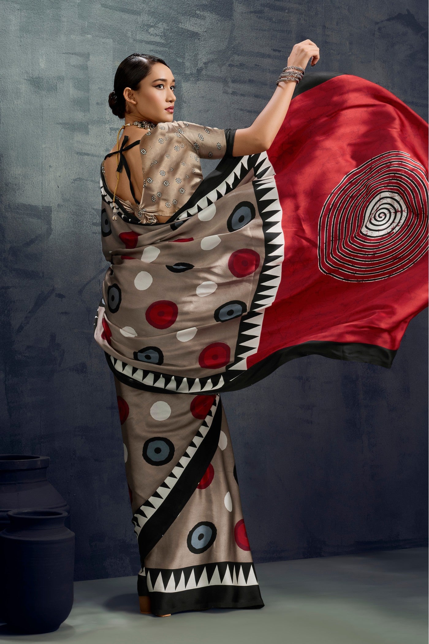 Buy MySilkLove Fossil Grey Ajrakh Printed Satin Crepe Silk Saree Online