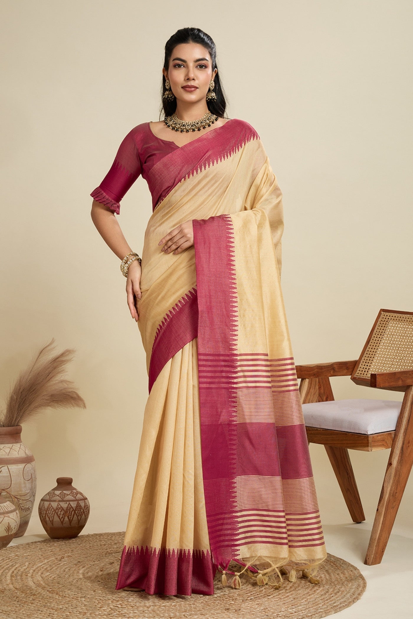 Buy MySilkLove Vanilla Cream Woven Raw Silk Saree Online