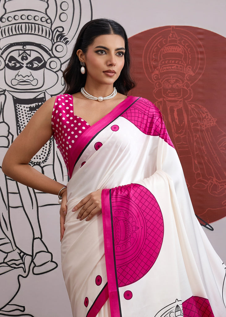 Buy MySilkLove Ultra Pink and White Printed Satin Crepe Silk Saree Online