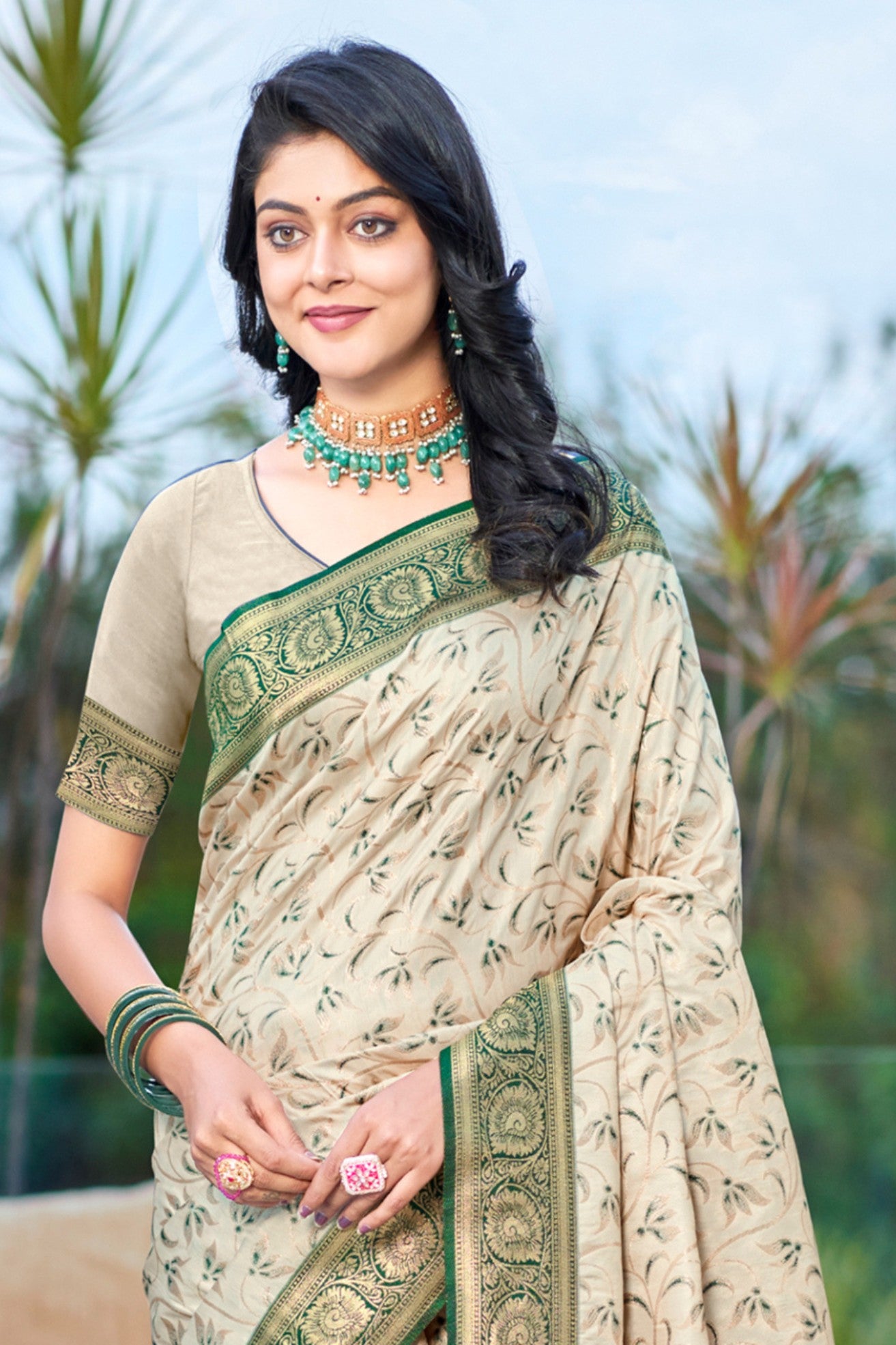 Buy MySilkLove Butter Cream and Green Woven Banarasi Saree Online