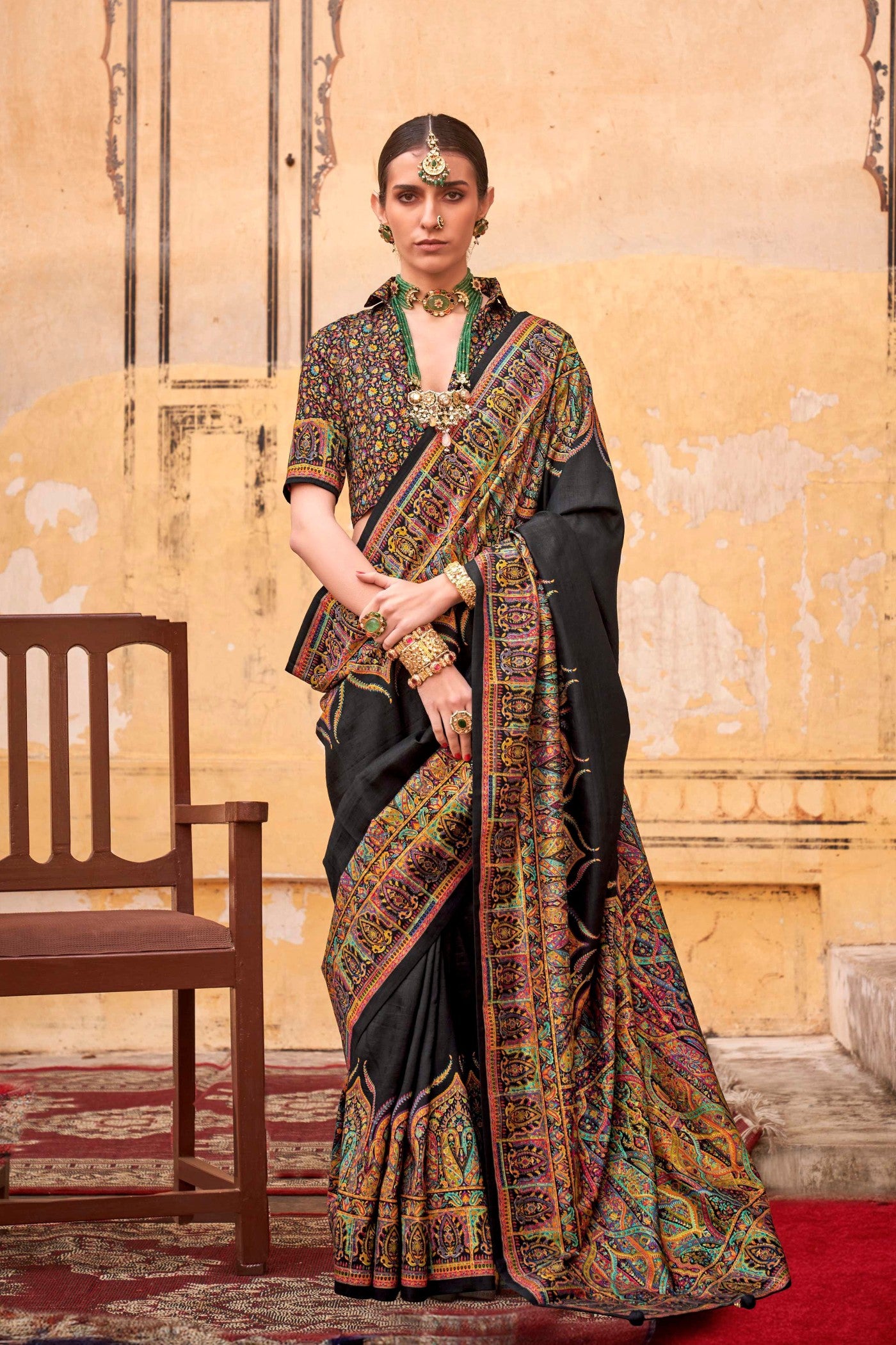 Buy MySilkLove Coral Black Printed Jamawar Saree Online