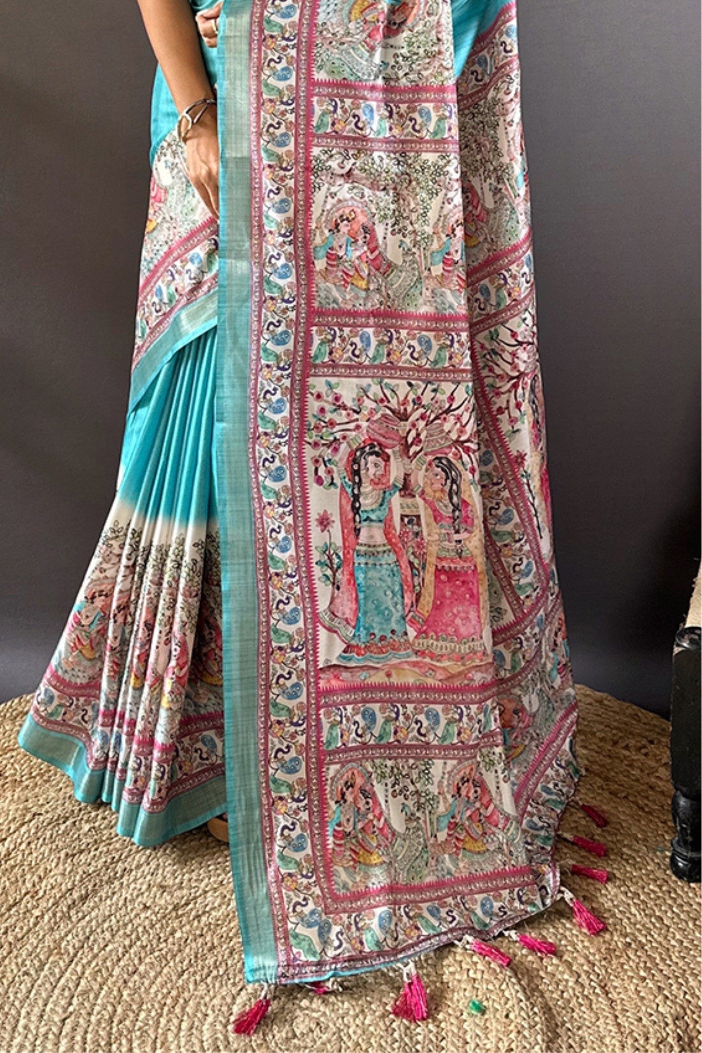 Buy MySilkLove Sea Blue Madhubani Printed Tussar Silk Saree Online