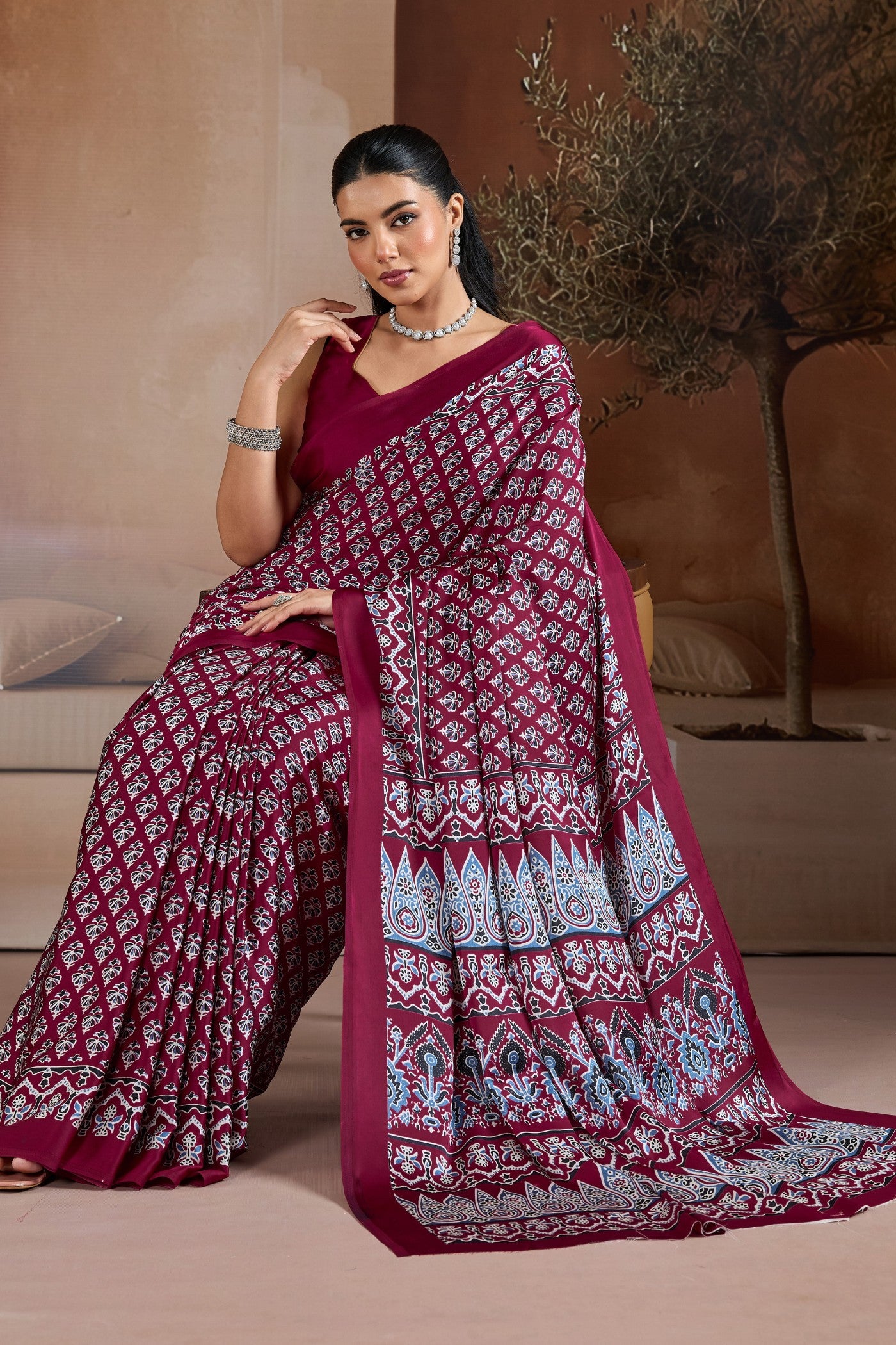 Buy MySilkLove Luxury Maroon Ajrakh Printed Satin Crepe Silk Saree Online