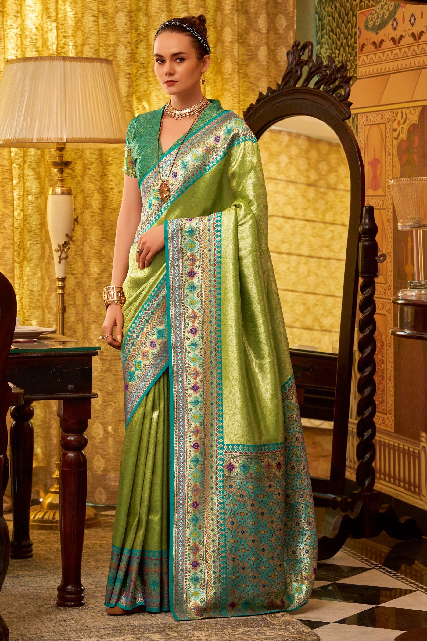 Buy MySilkLove Wild Willow Green Woven Tissue Silk Saree Online