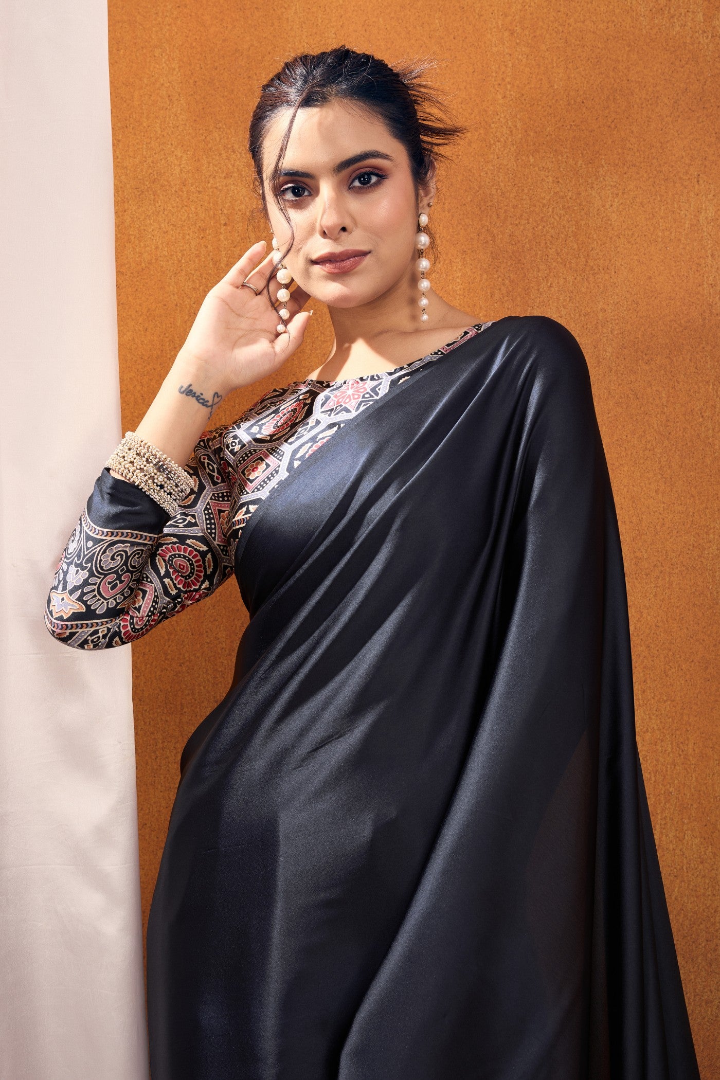 MySilkLove Eleboro Black Ajrakh Printed Satin Crepe Silk Saree
