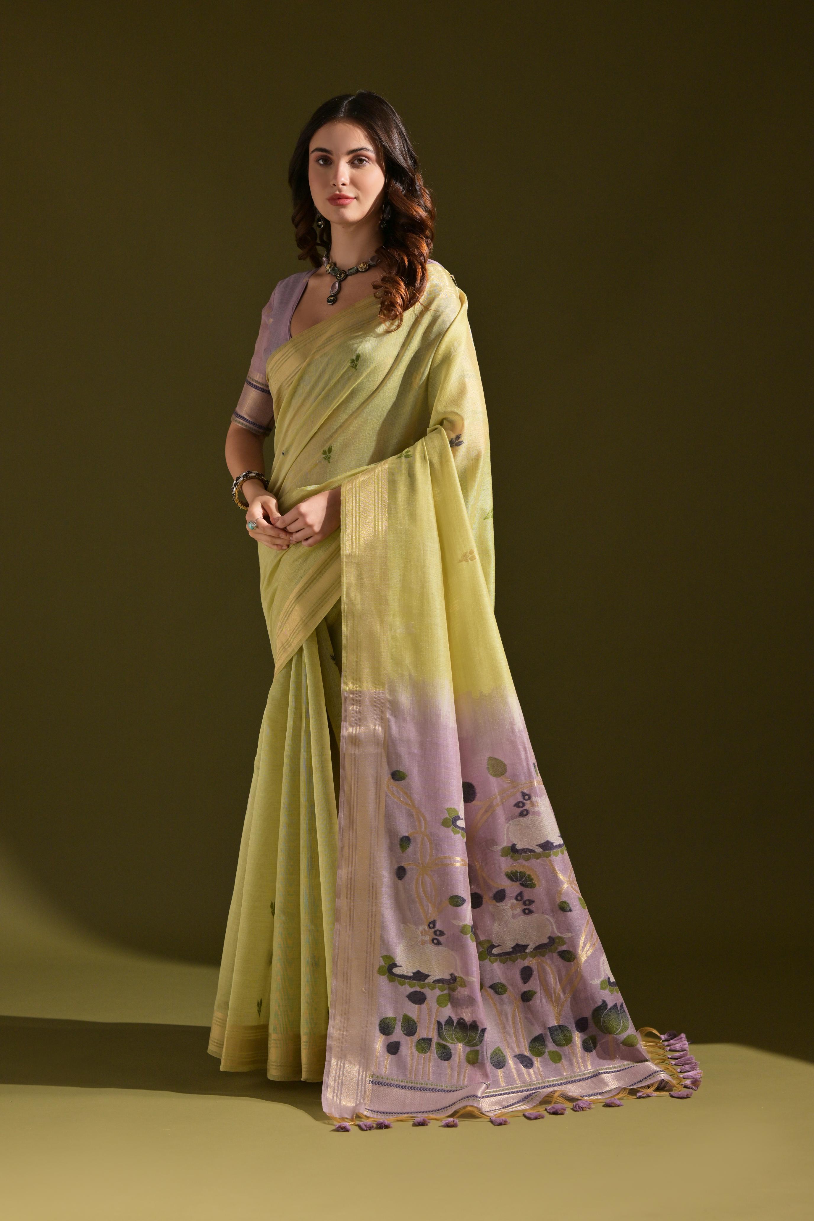 Buy MySilkLove Pulpit Green Woven Muga Cotton Saree Online