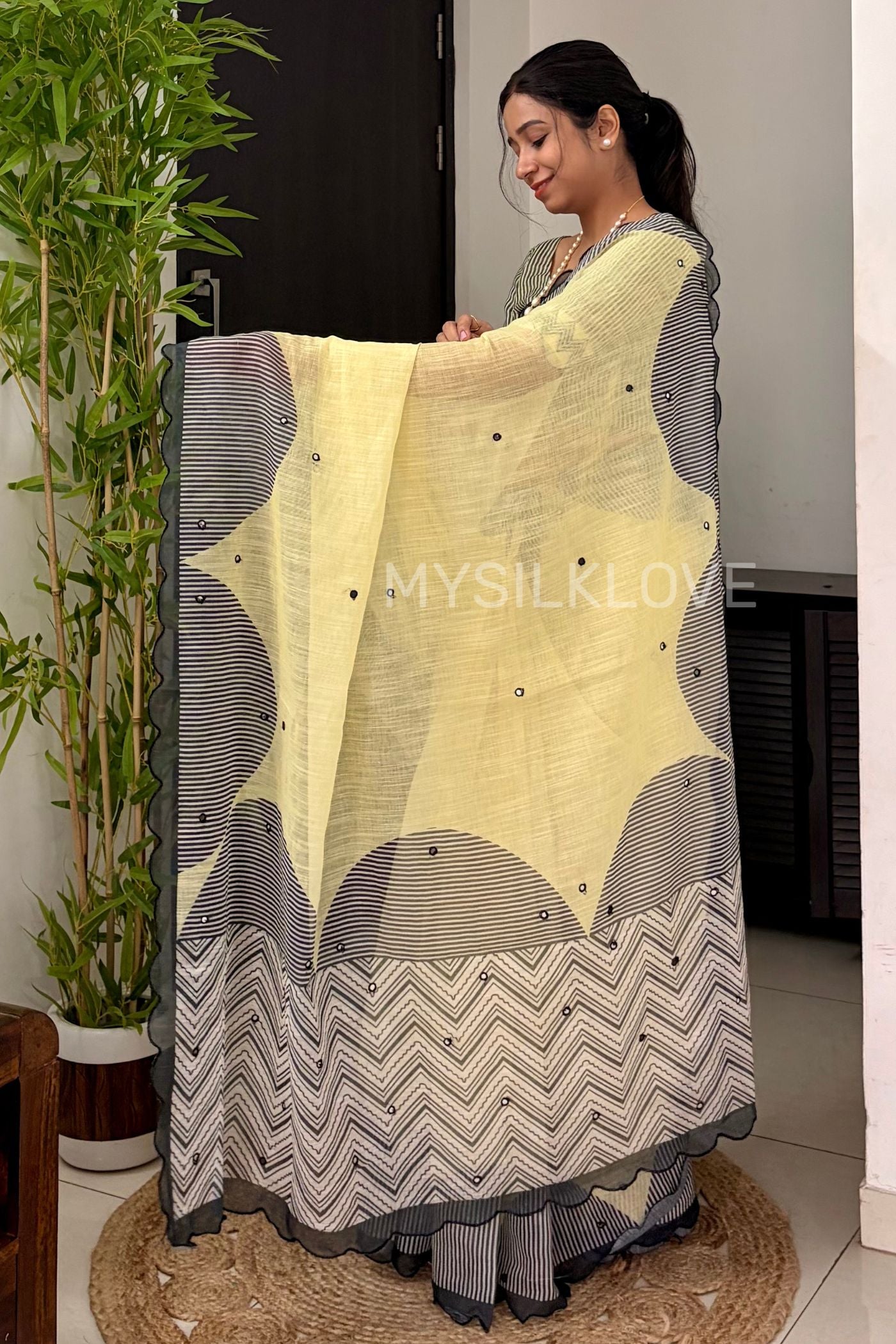 Buy MySilkLove Canary Yellow Linen Cotton Digital Printed Saree Online