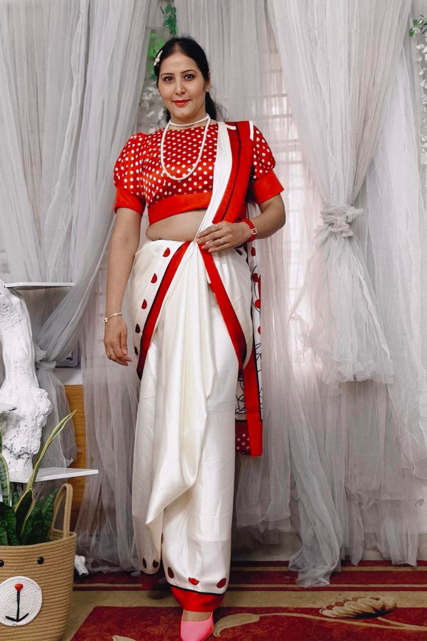 Buy MySilkLove Foggy White and Red Printed Satin Crepe Silk Saree Online
