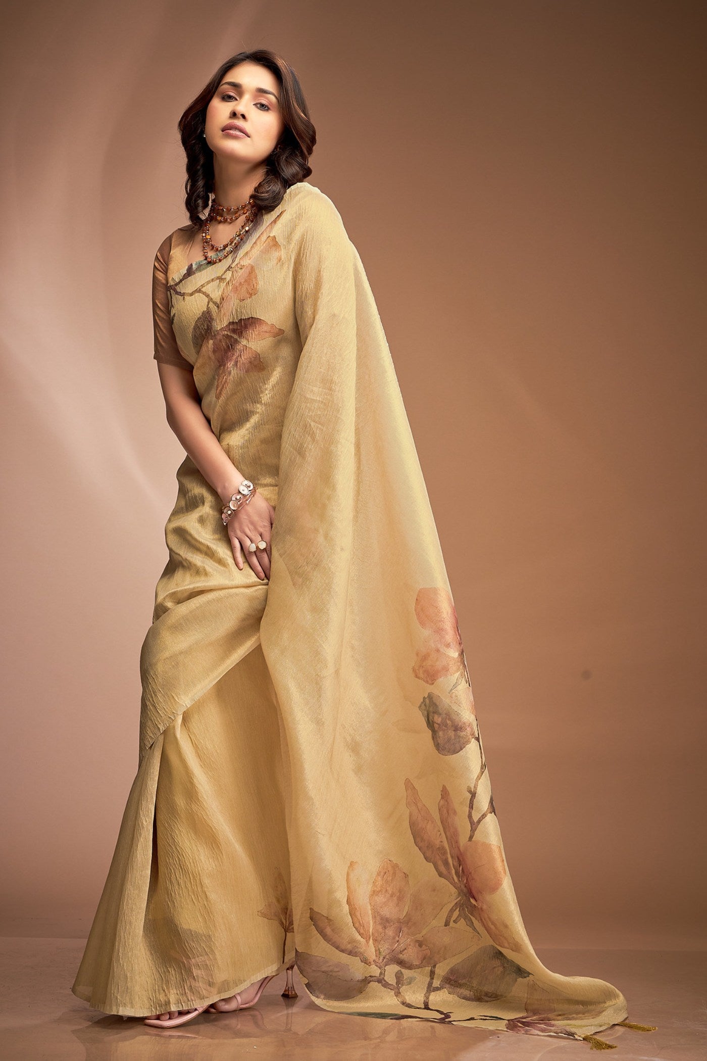 Buy MySilkLove Marigold Yellow Printed Tissue Saree Online