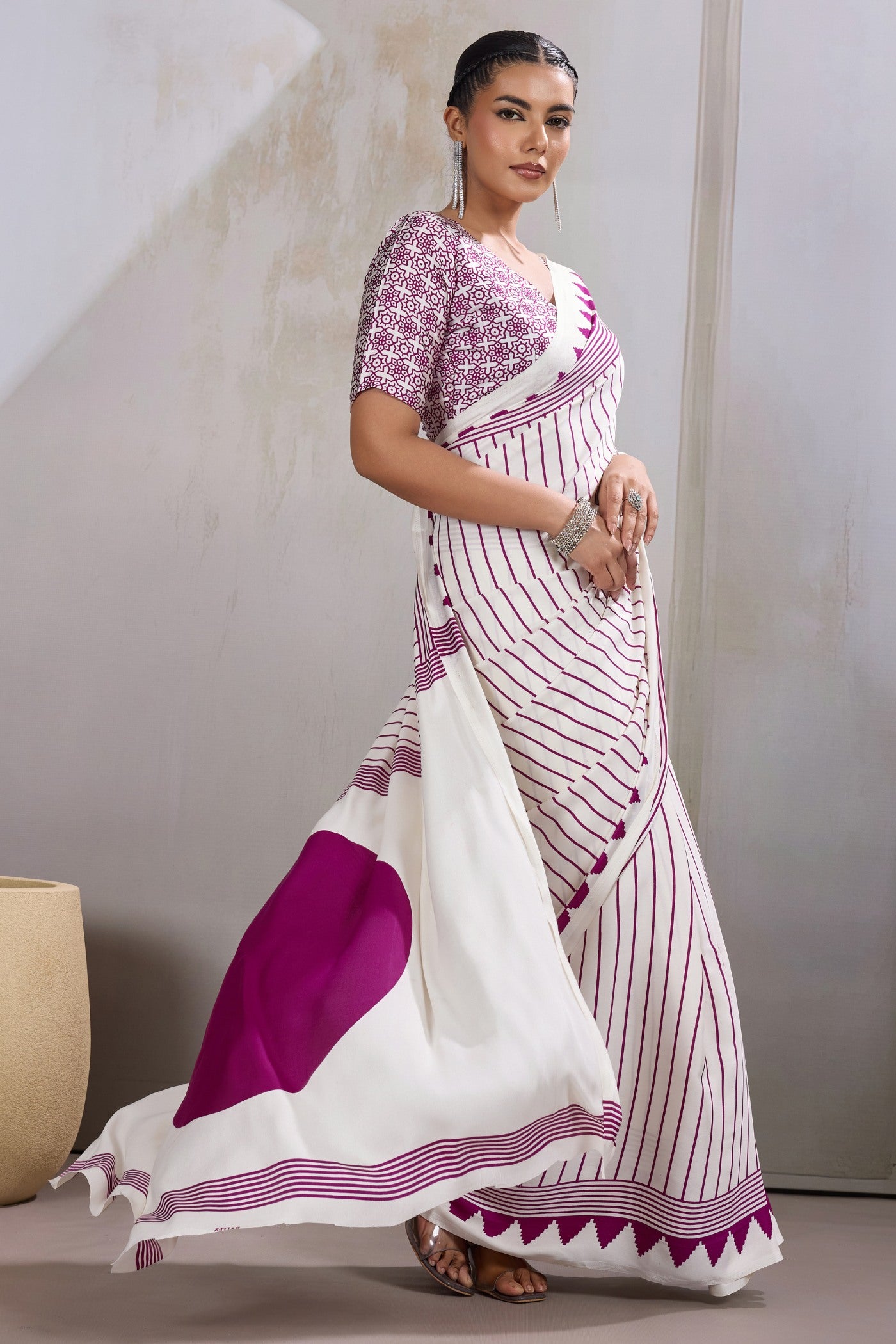 Buy MySilkLove Warm White and Purple Ajrakh Printed Satin Crepe Silk Saree Online