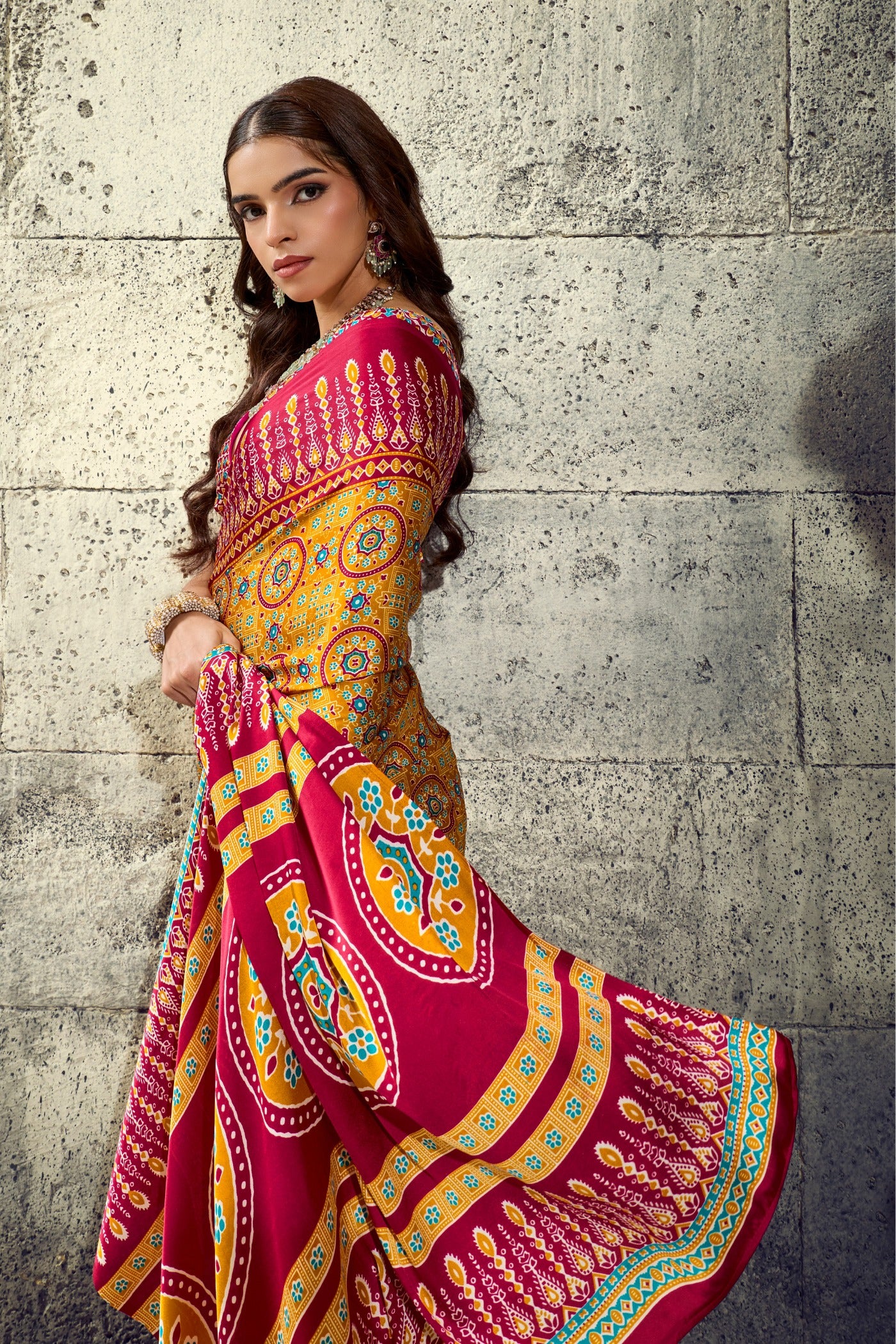 Buy MySilkLove Canary Yellow Modal Ajrakh Satin Printed Silk Saree Online