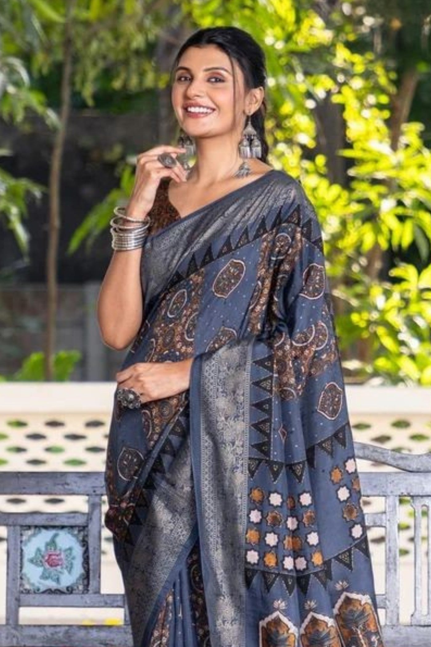 Buy MySilkLove Cloudy Grey Ajrakh Digital Printed Satin Saree Online