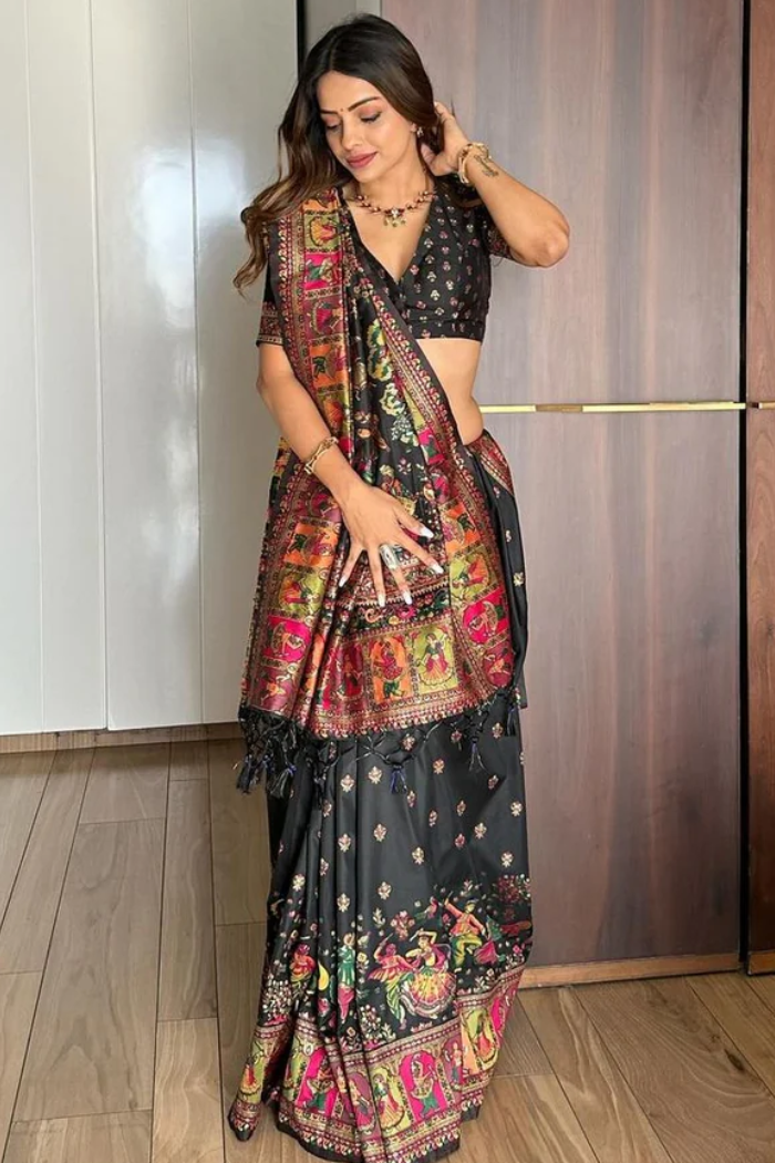 Buy MySilkLove Code Dark Black Kashmiri Woven Banarasi Silk Saree Online