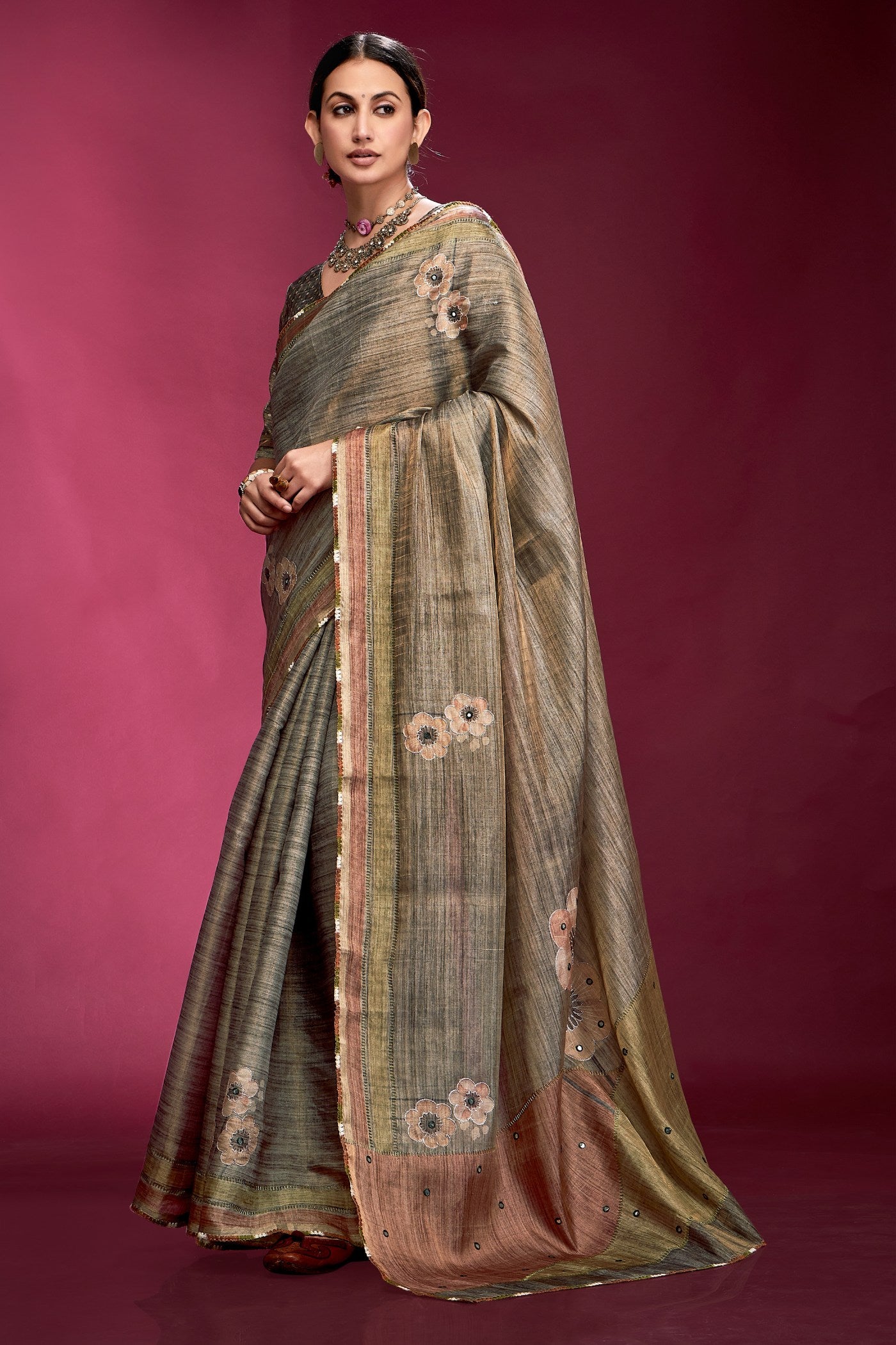 Buy MySilkLove Woody Grey Woven Tussar Silk Saree Online