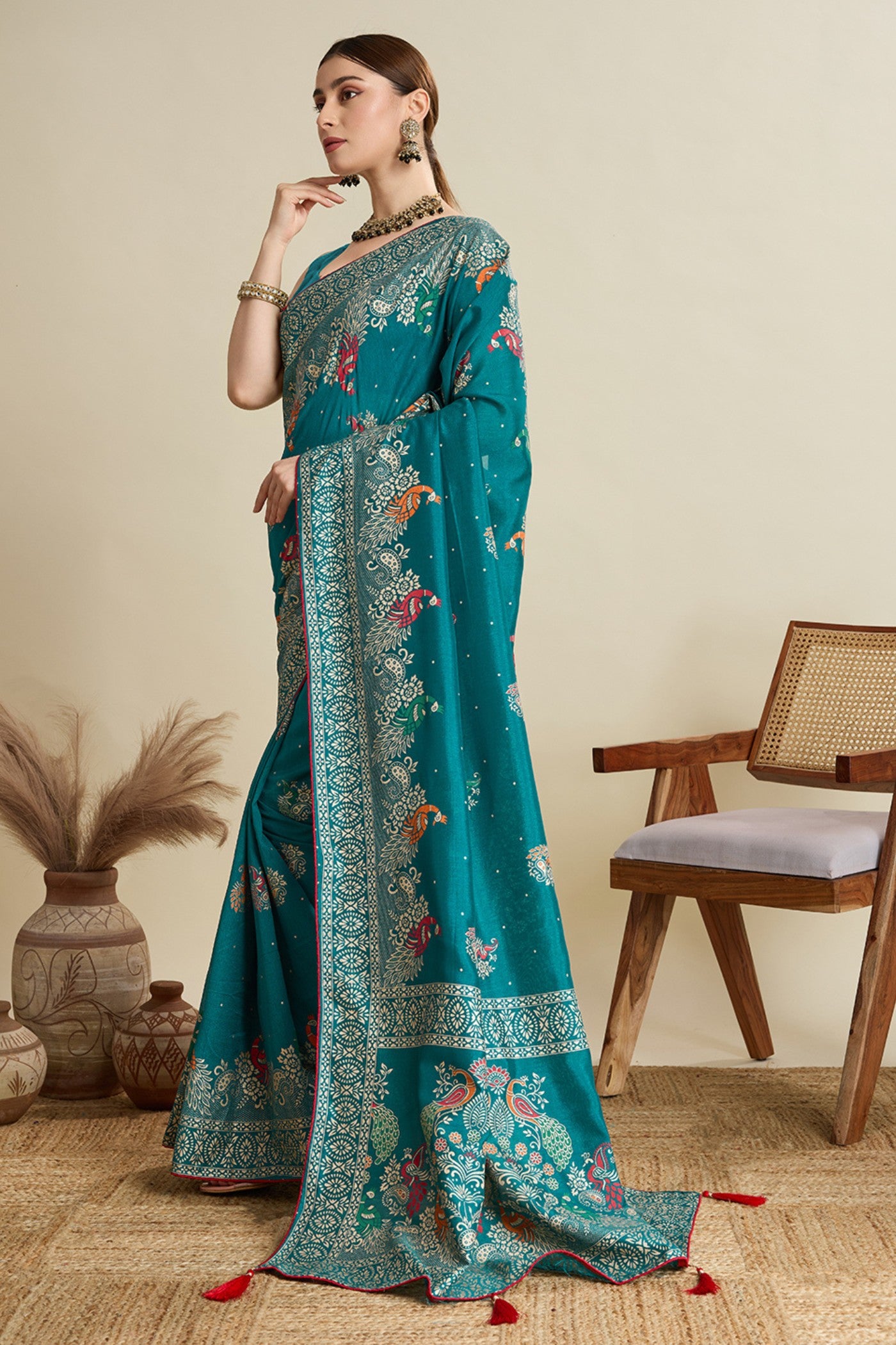Buy MySilkLove Emerald Green Printed Chinon Saree Online