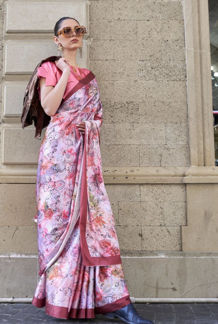 Buy MySilkLove Pink Peral Digital Printed Satin Silk Saree Online