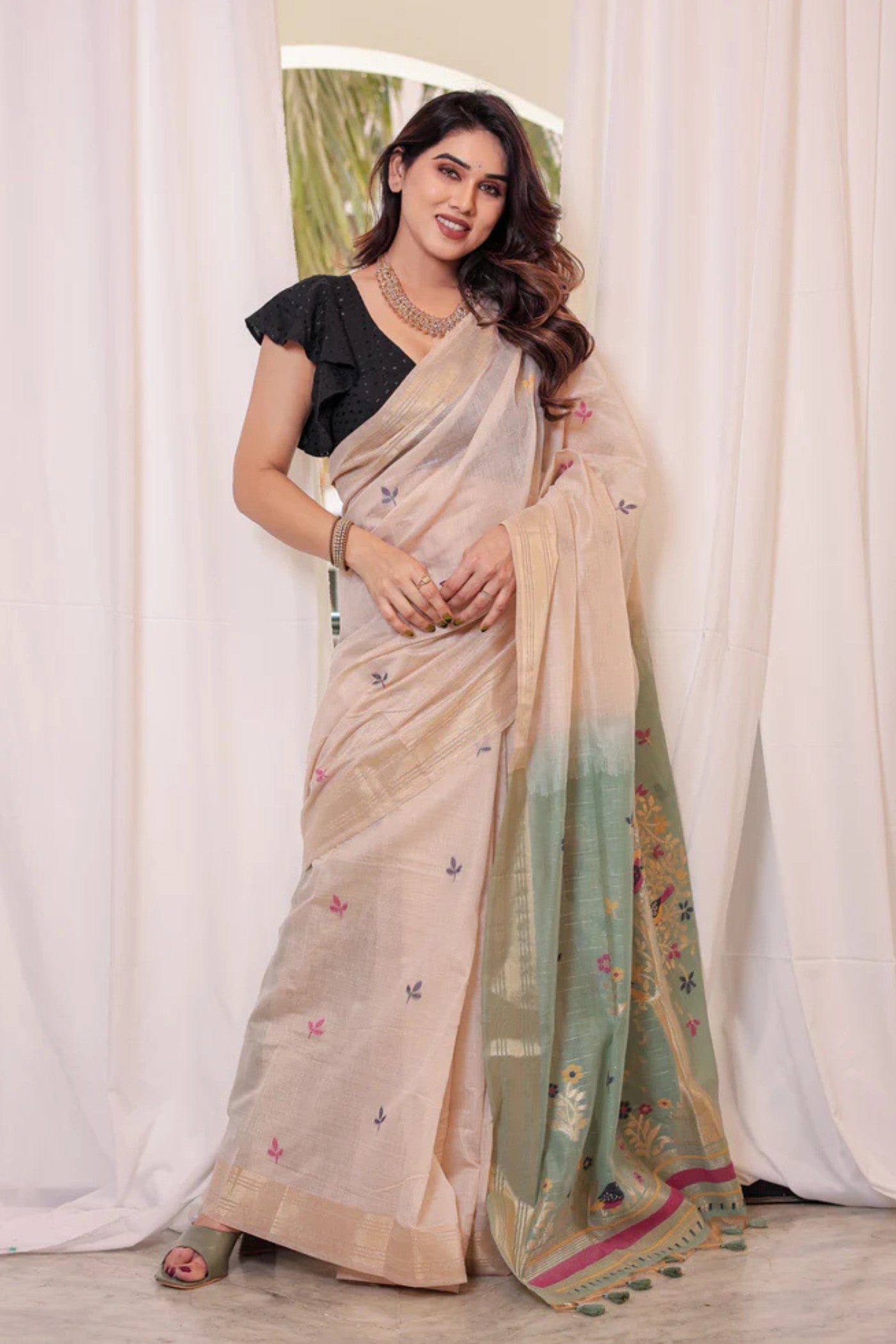 Buy MySilkLove Biscuit Cream and Green Woven Muga Cotton Saree Online