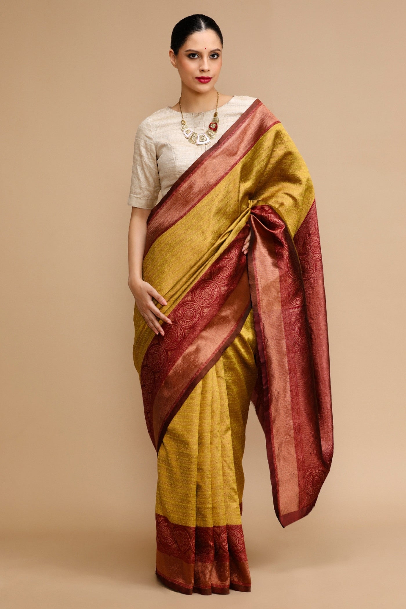 Buy MySilkLove Papaya Whip Yellow Woven Jacquard Lichi Silk Saree Online
