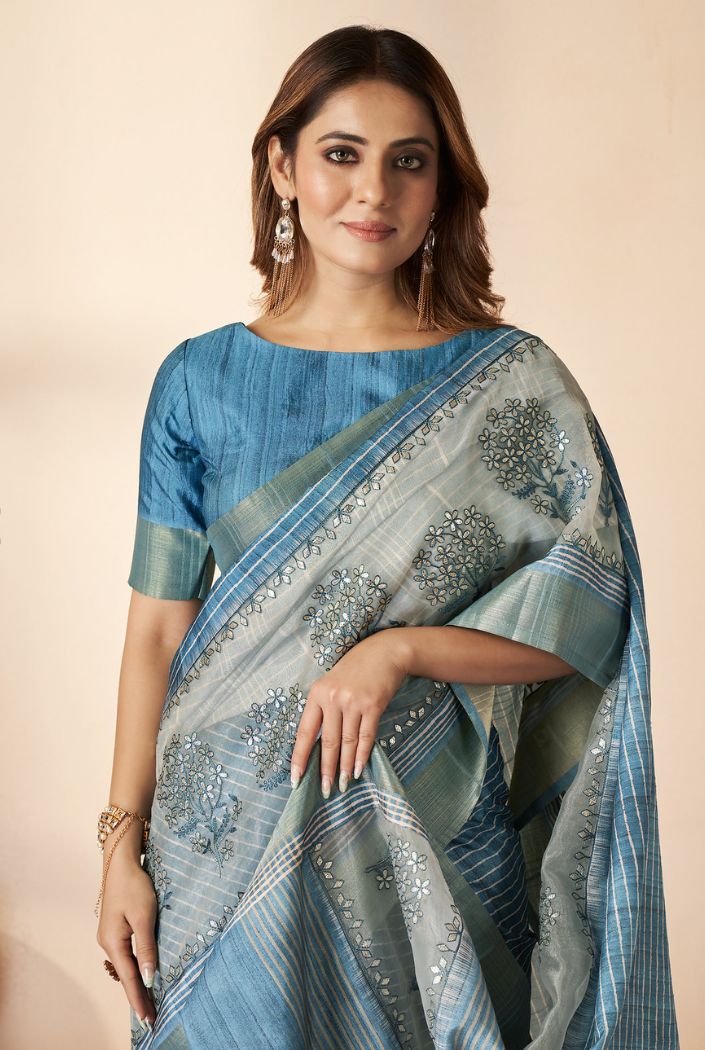 MySilkLove Gulf Stream Blue Printed Banarasi Saree