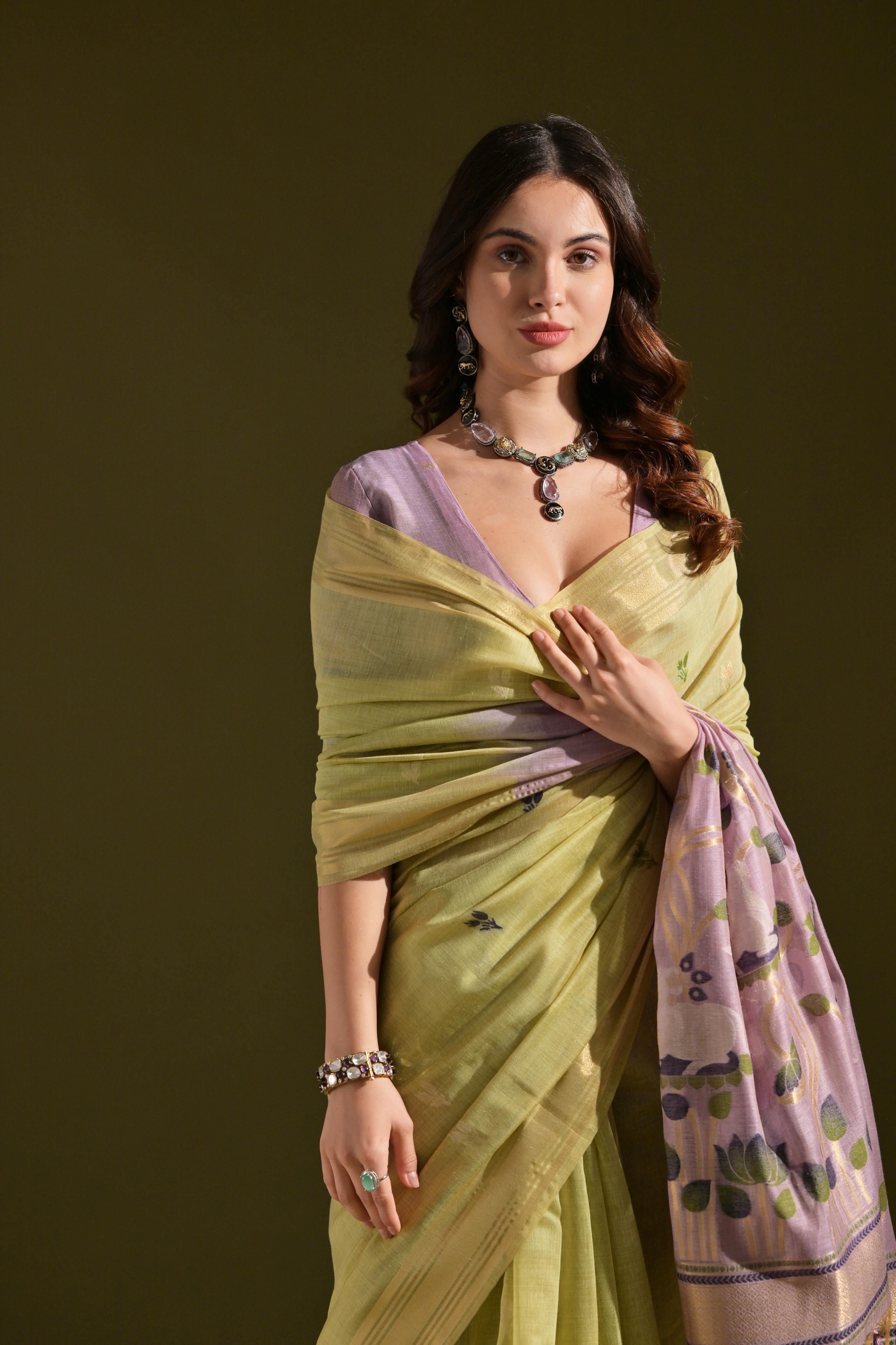MySilkLove Pulpit Green Woven Muga Cotton Saree