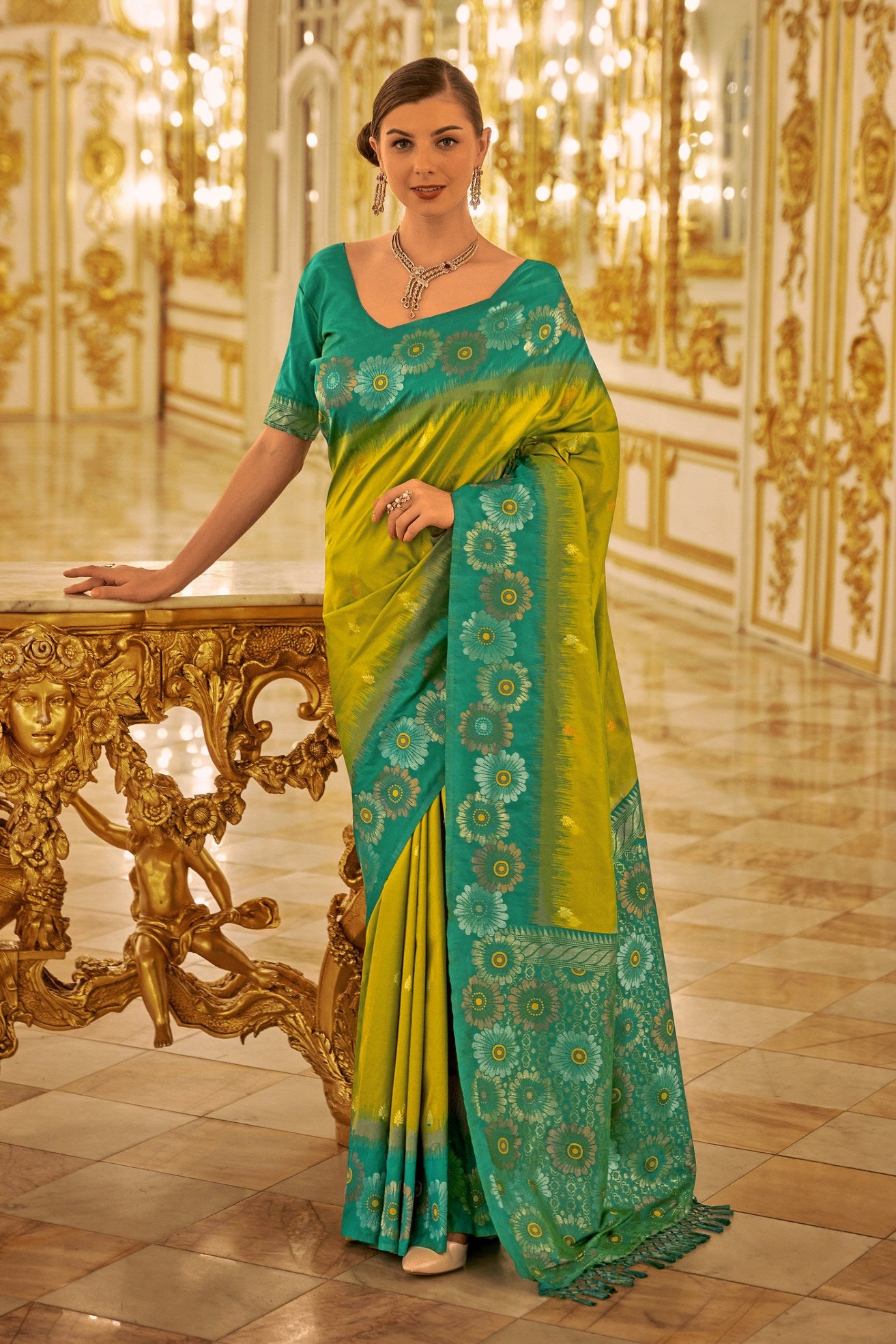 Buy MySilkLove Neon Green Woven Banarasi Saree Online