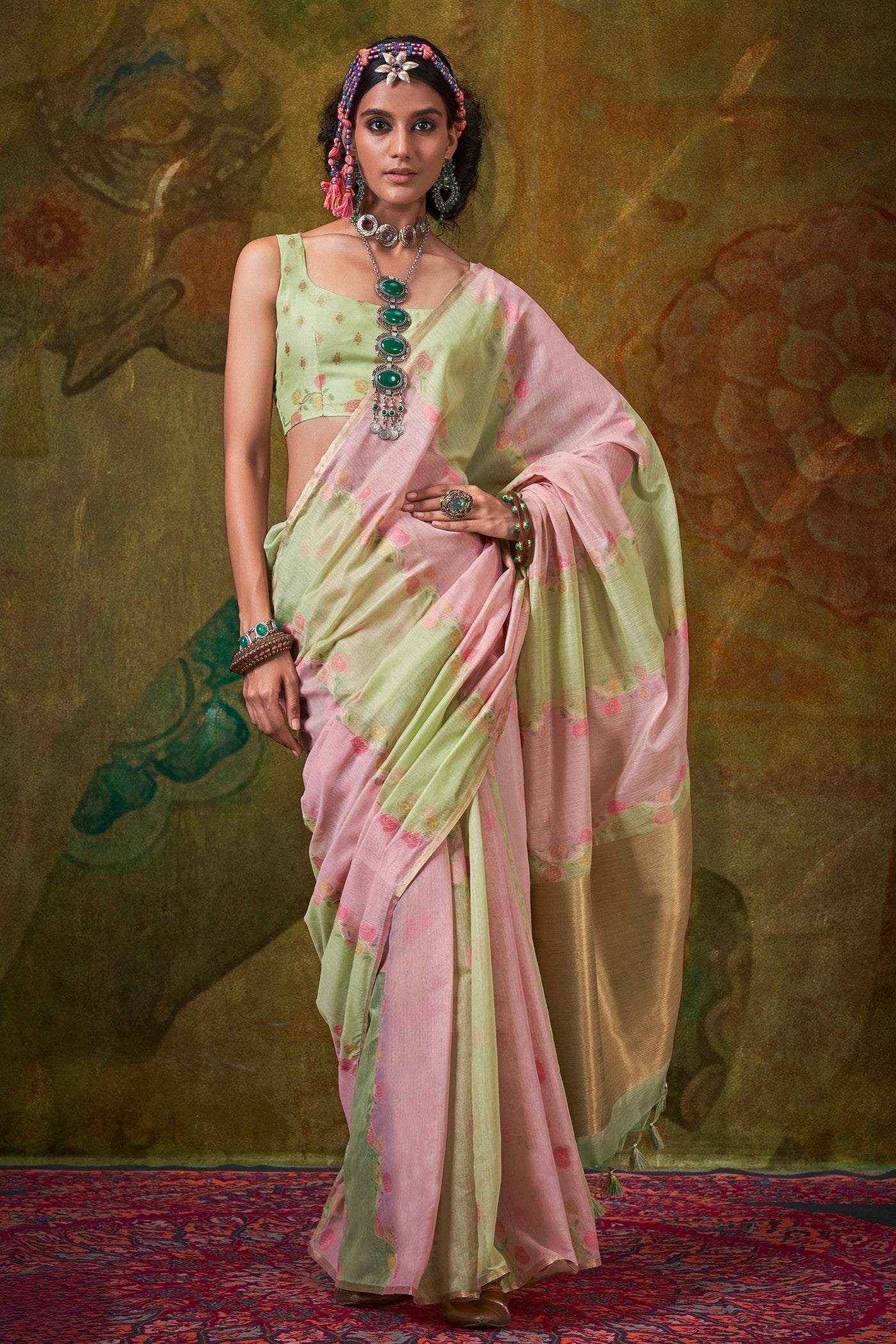 Buy MySilkLove Bush Pink and Green Banarasi Handloom Saree Online