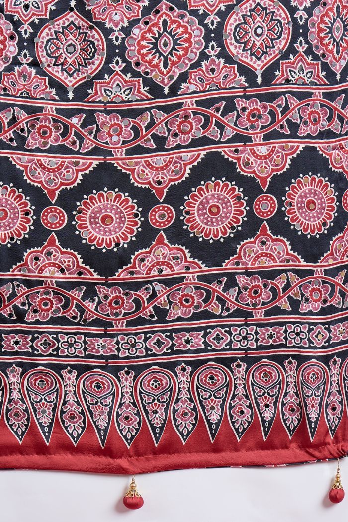 Buy MySilkLove Raven Black Modal Ajrakh Satin Printed Mirror Work Saree Online