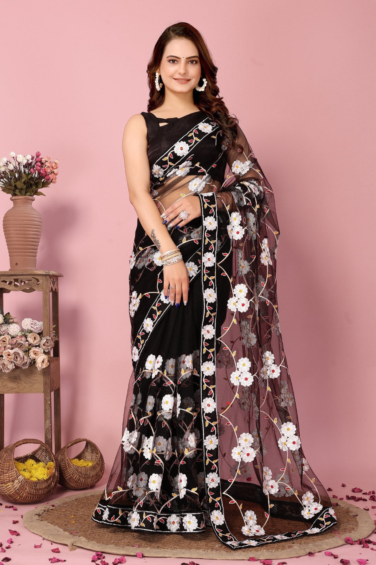 Buy MySilkLove Eerie Black Woven Designer Embroidered Saree Online