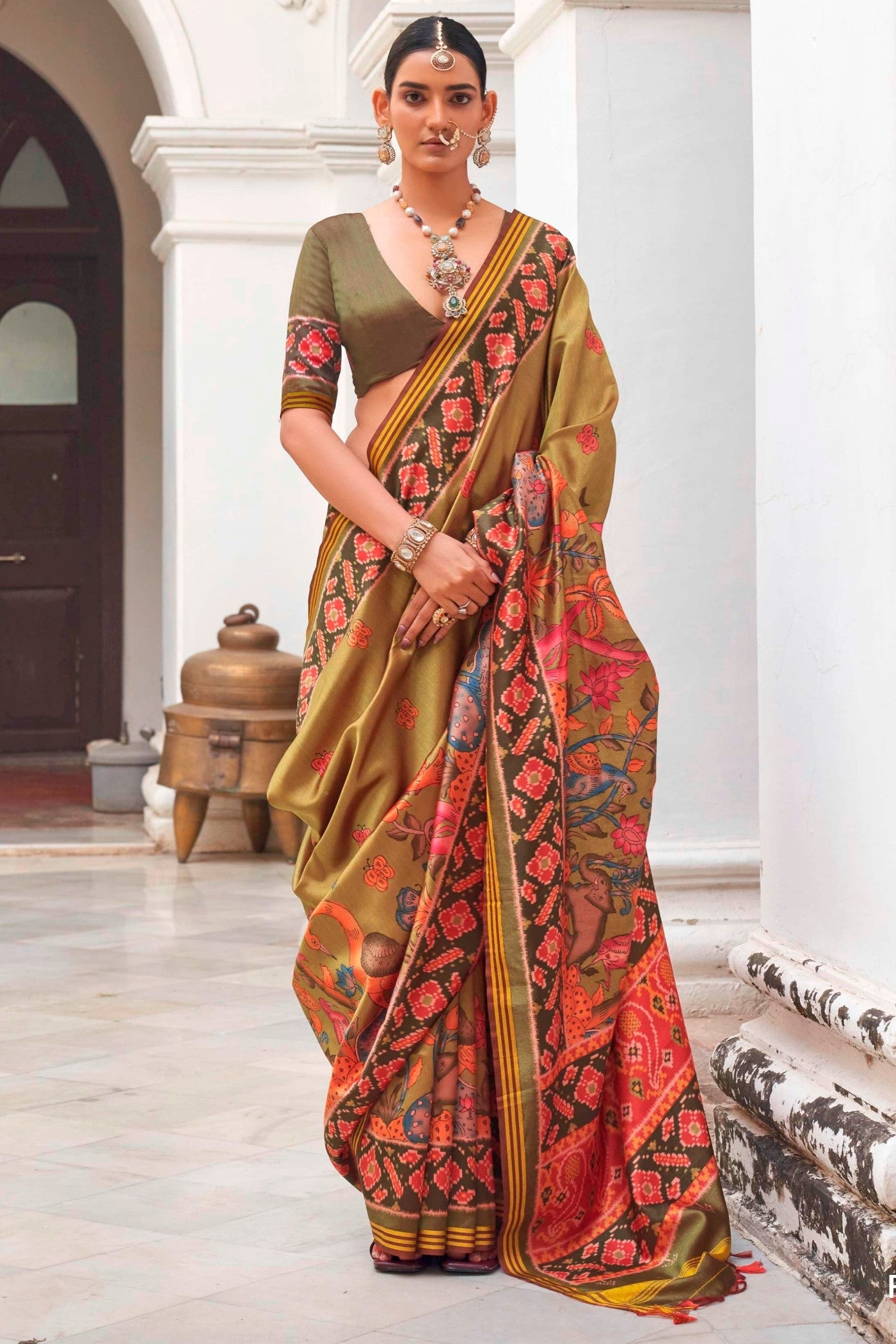 Buy MySilkLove Olive Green Printed Patola Saree Online