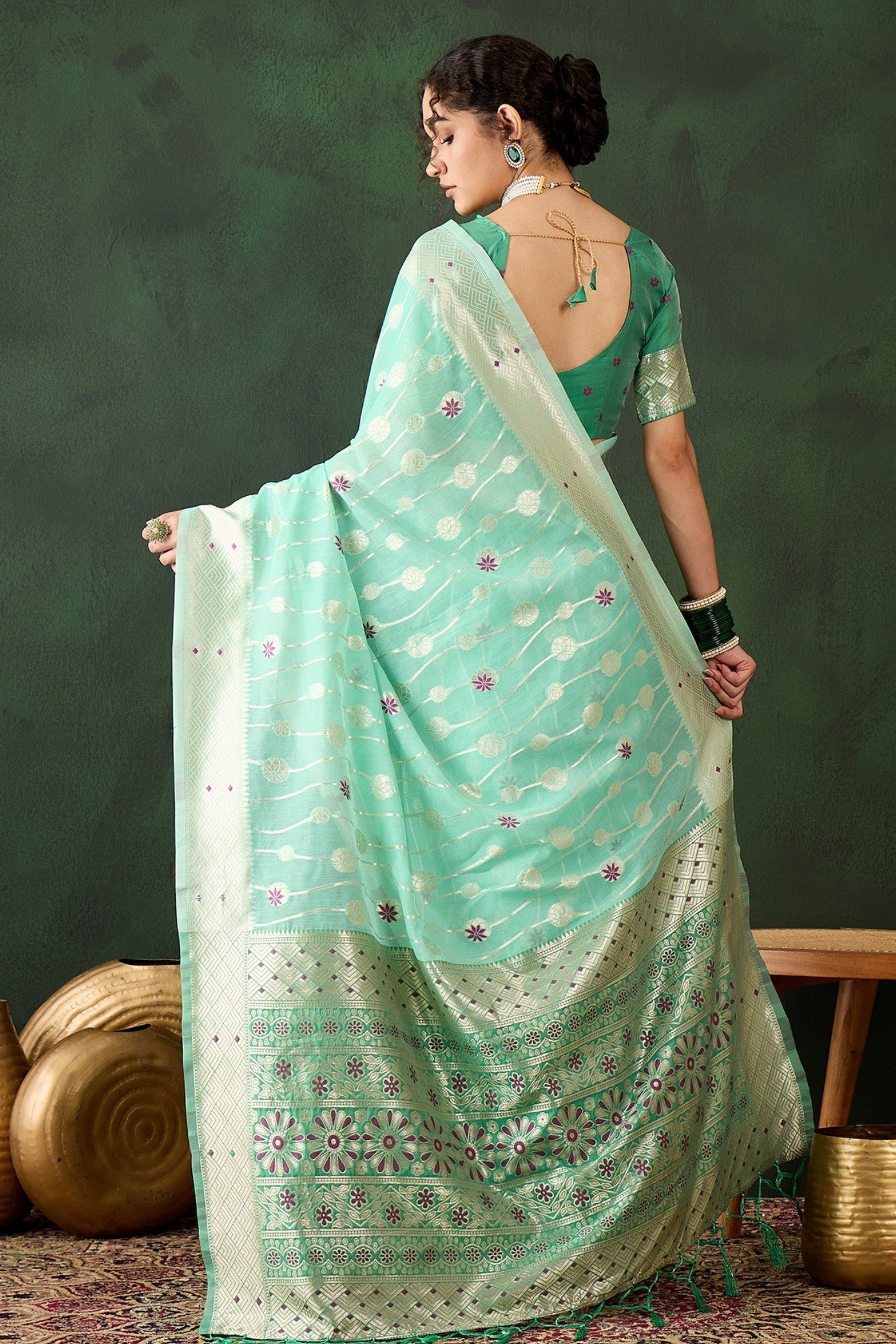 Buy MySilkLove Sage Green Woven Cotton Saree Online