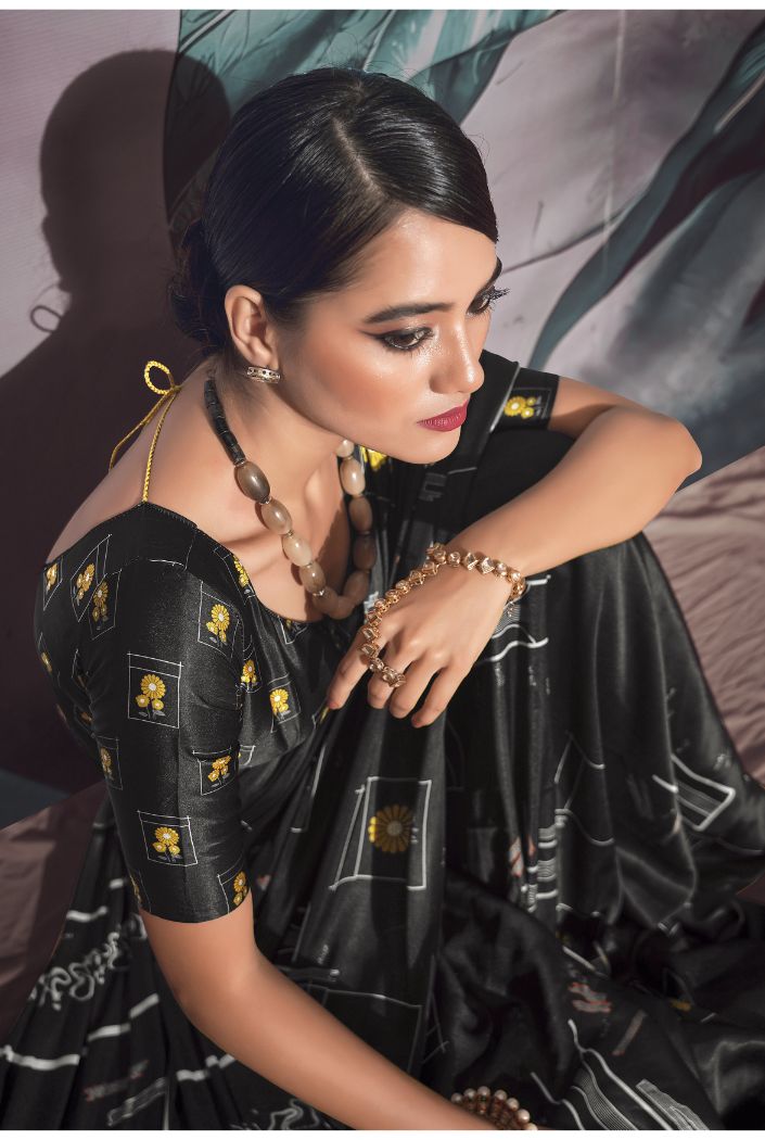 Buy MySilkLove Mine Shaft Black Printed Satin Silk Saree Online