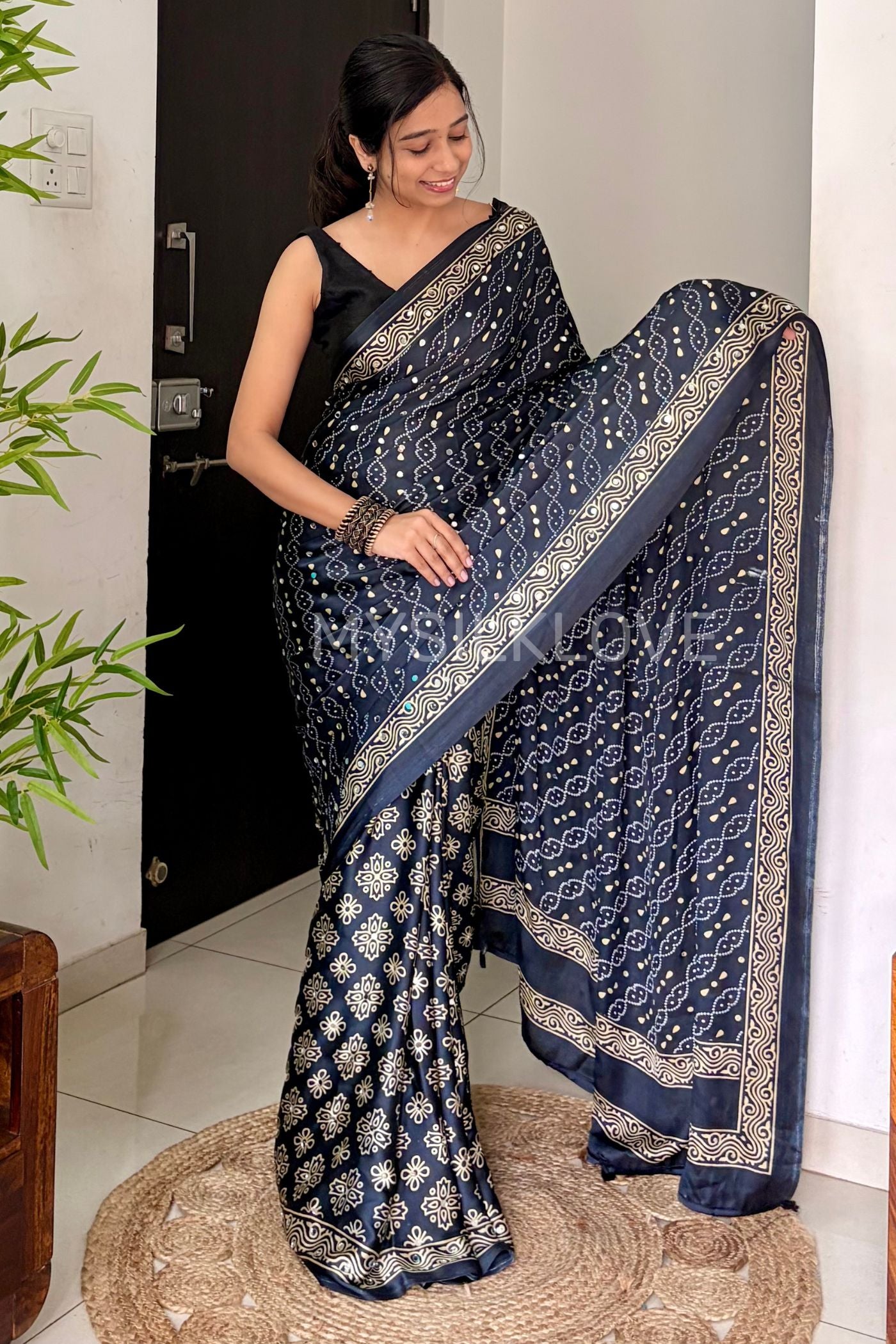 Buy MySilkLove Obsidian Black and Blue Ajrakh Satin Printed Mirror Work Saree Online