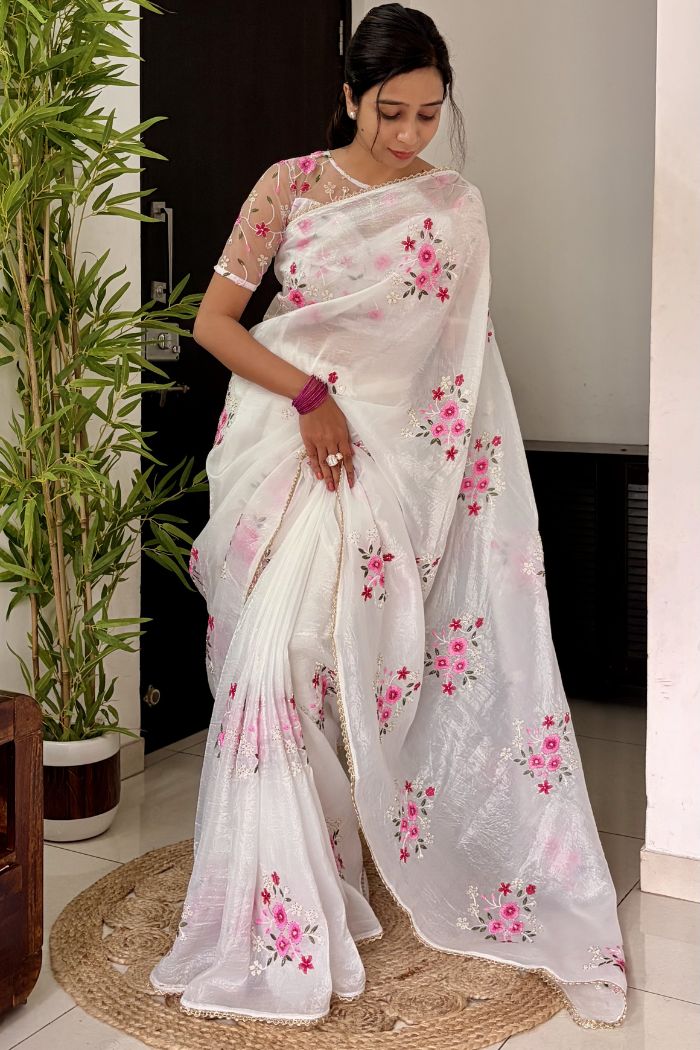 Buy MySilkLove Snow White Floral Hand Embroidered Crush Tissue Saree Without Blouse Online