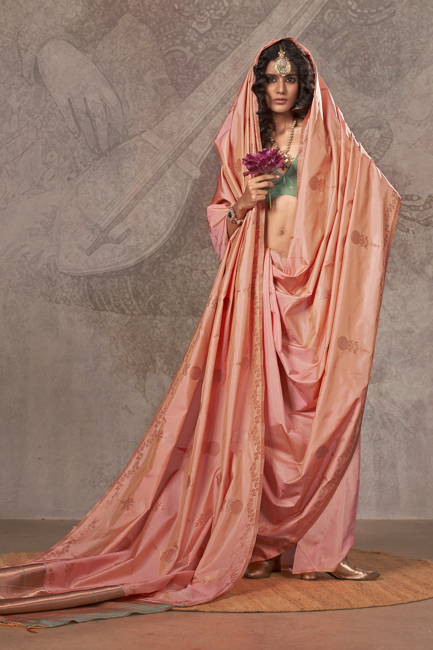 Buy MySilkLove Crayola Peach Two Tone Banarasi Handloom Saree Online