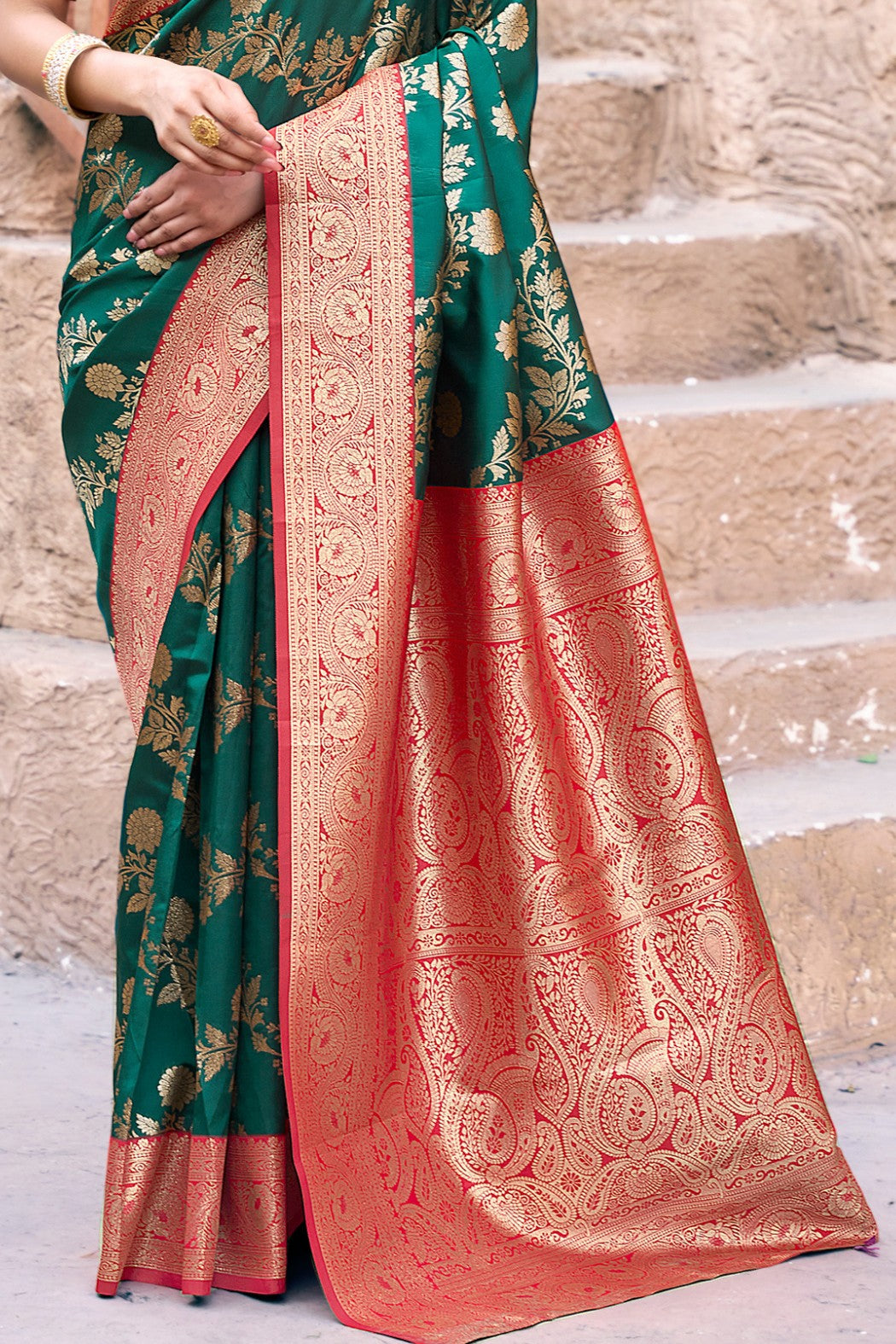 Buy MySilkLove Viridian Green Woven Banarasi Soft Silk Saree Online